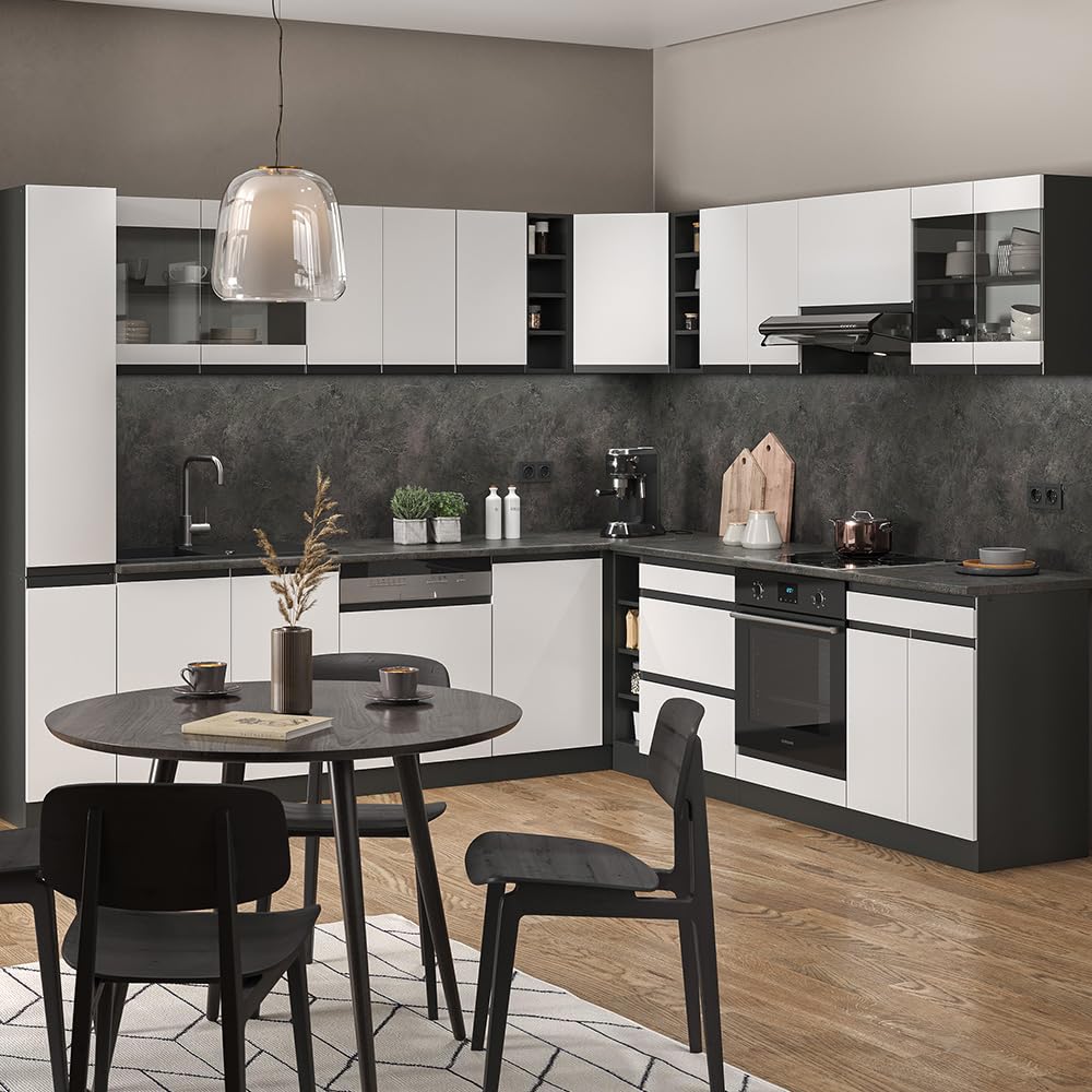 Vicco Eckküche R-Line, Weiß/Anthrazit, 277 x 257 cm J-Shape, AP Anthrazit, zur flexiblen Zusammenstellung und Erweiterung geeignet