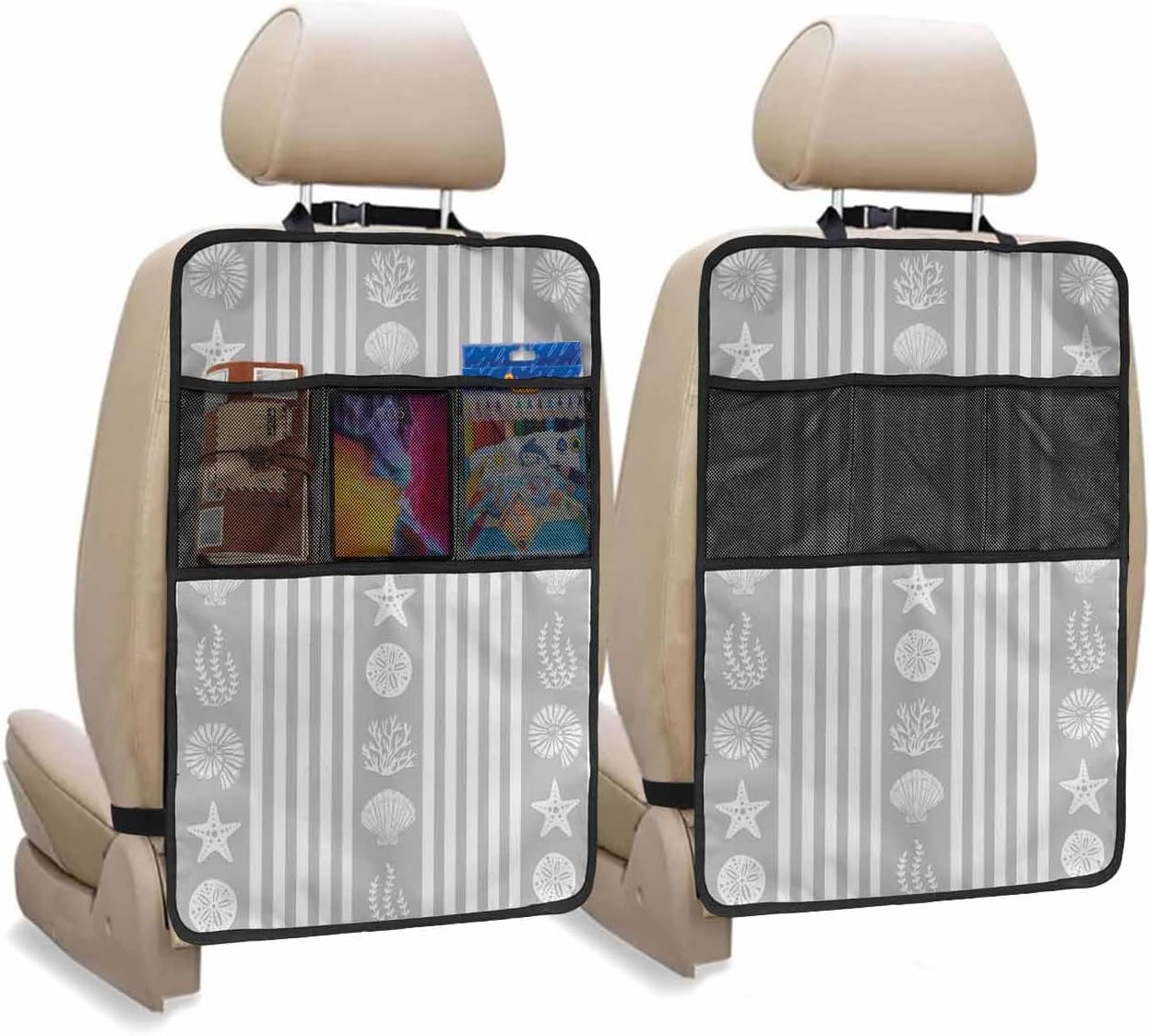 Car Seat Protector, 2 Pack Kick Mats Back Seat Protector Summer Starfish Seashell Coral Blue and White Striped Waterproof Backseat Cover for Kids Universal Fit Automotive Interior Protectors