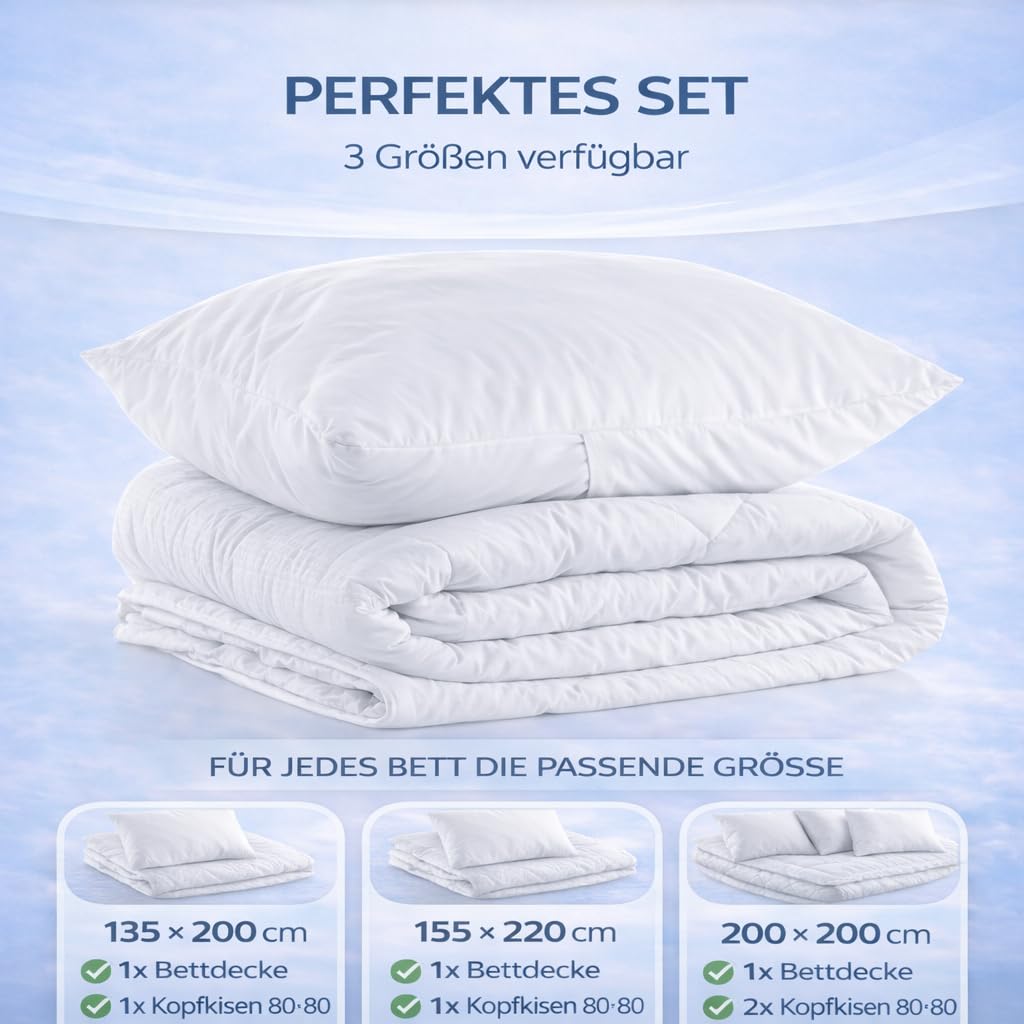 MALIKA Doppelpack Bettdecke 135x200 inkl. 2X Kopfkissen 80x80 - Ganzjahresdecke - Waschbar, Schlafdecke - Duvet - Bettdecke 2er Set