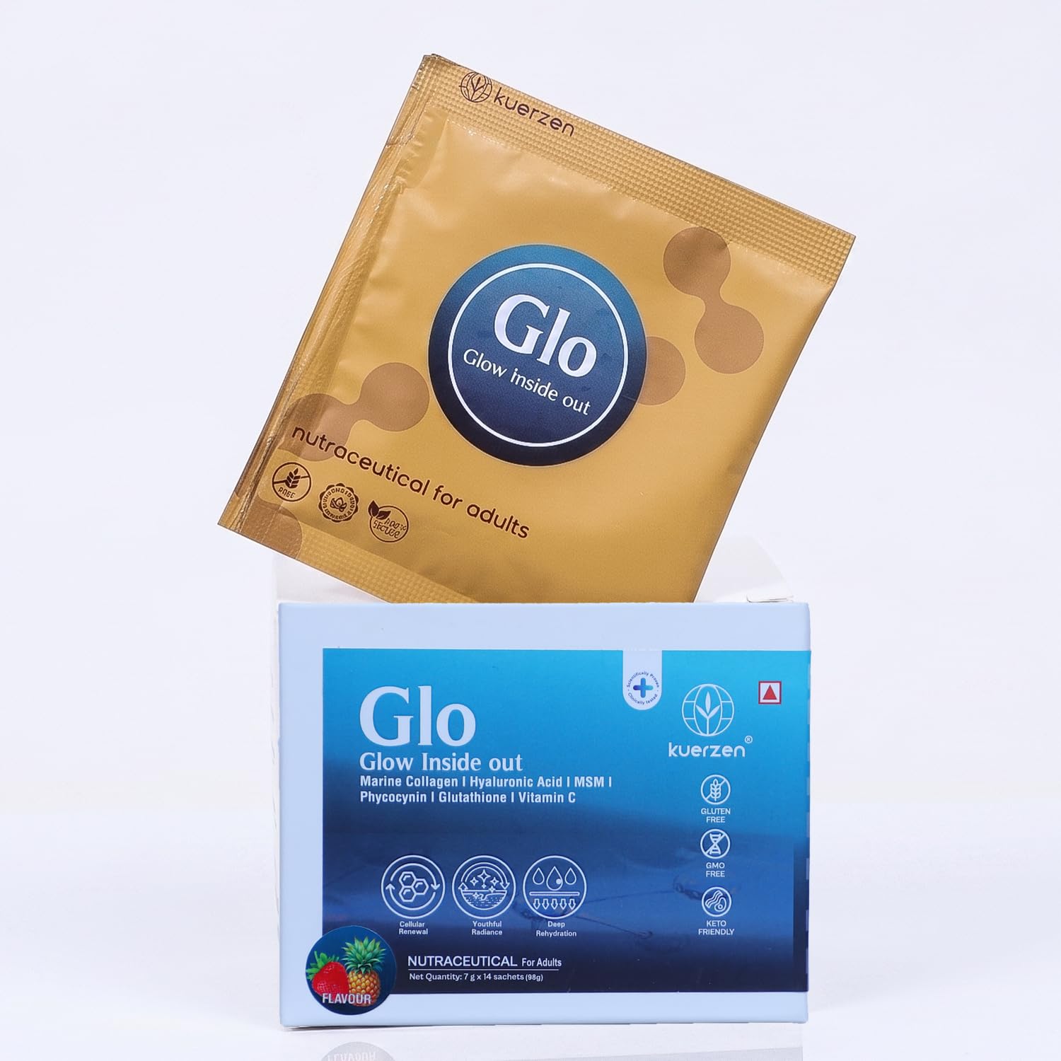 glo marine collagen powder with glutathione, hyaluronic acid, msm & phycocyanin | skin glow & brightening support, hydration, hair & nails nutrition | vitamin c collagen supplement | no added sugar | 98g (14 sachets)