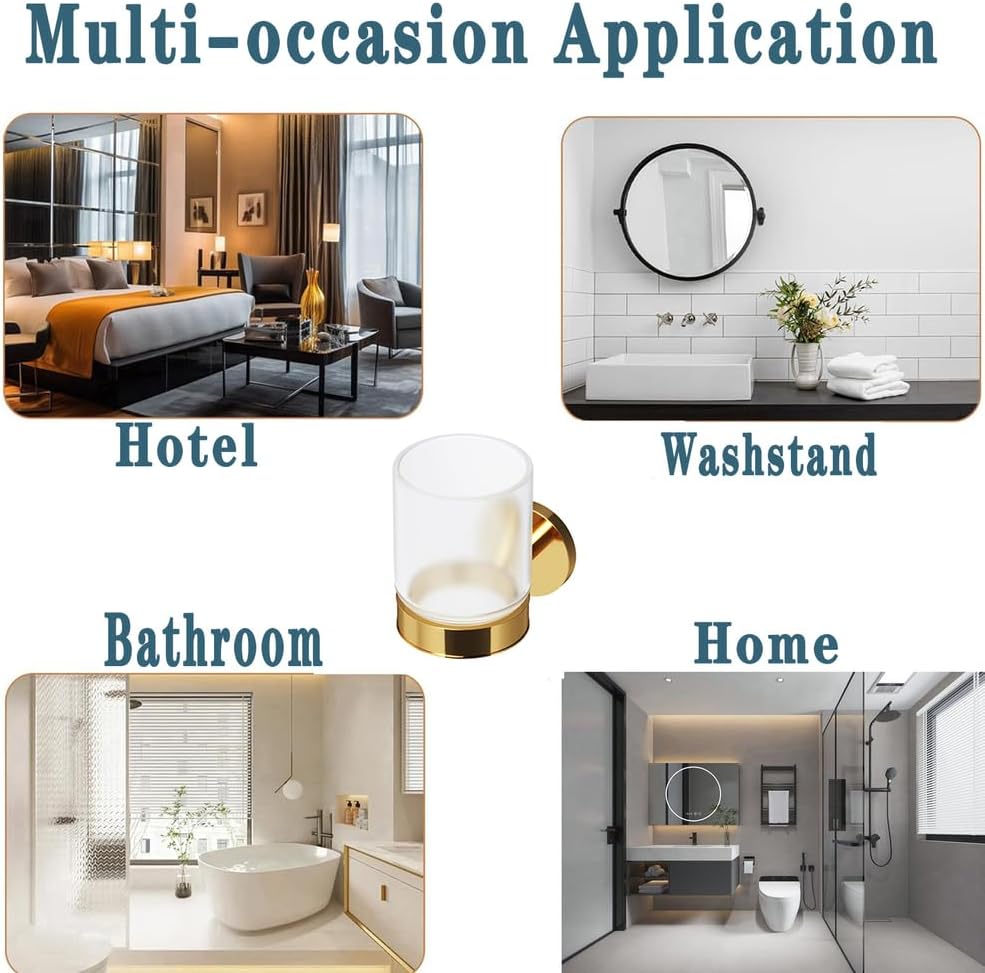 Toothbrush Holder, Wall Mounted Detachable Tumbler Holder, Zinc Alloy Holder+Frosted Glass Cup for Bathroom Multi-Functional Storage,Gold