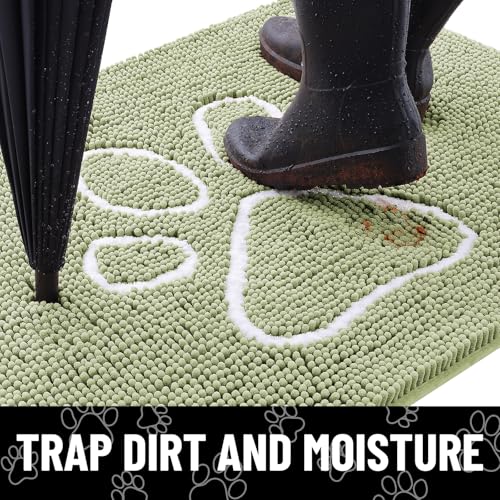 Image of Smiry Dog Door Mat for Muddy Paws, Absorbent Dirt Trapper Non Slip Quick Dry Washable Chenille Mat for Mud Dogs, Entry Rug for Indoor and Outdoor (47x24 Inches, Sage Green and White)