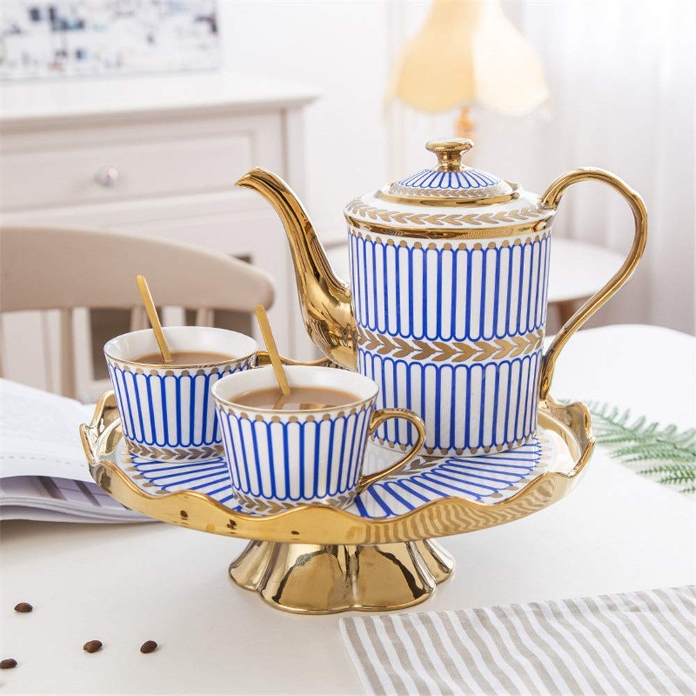 Juego de Tazas de té y café de cerámica con Rayas Doradas Europeas. Incluye 6 Tazas de té con Bandeja giratoria (Juego de 14 Tazas Azules).