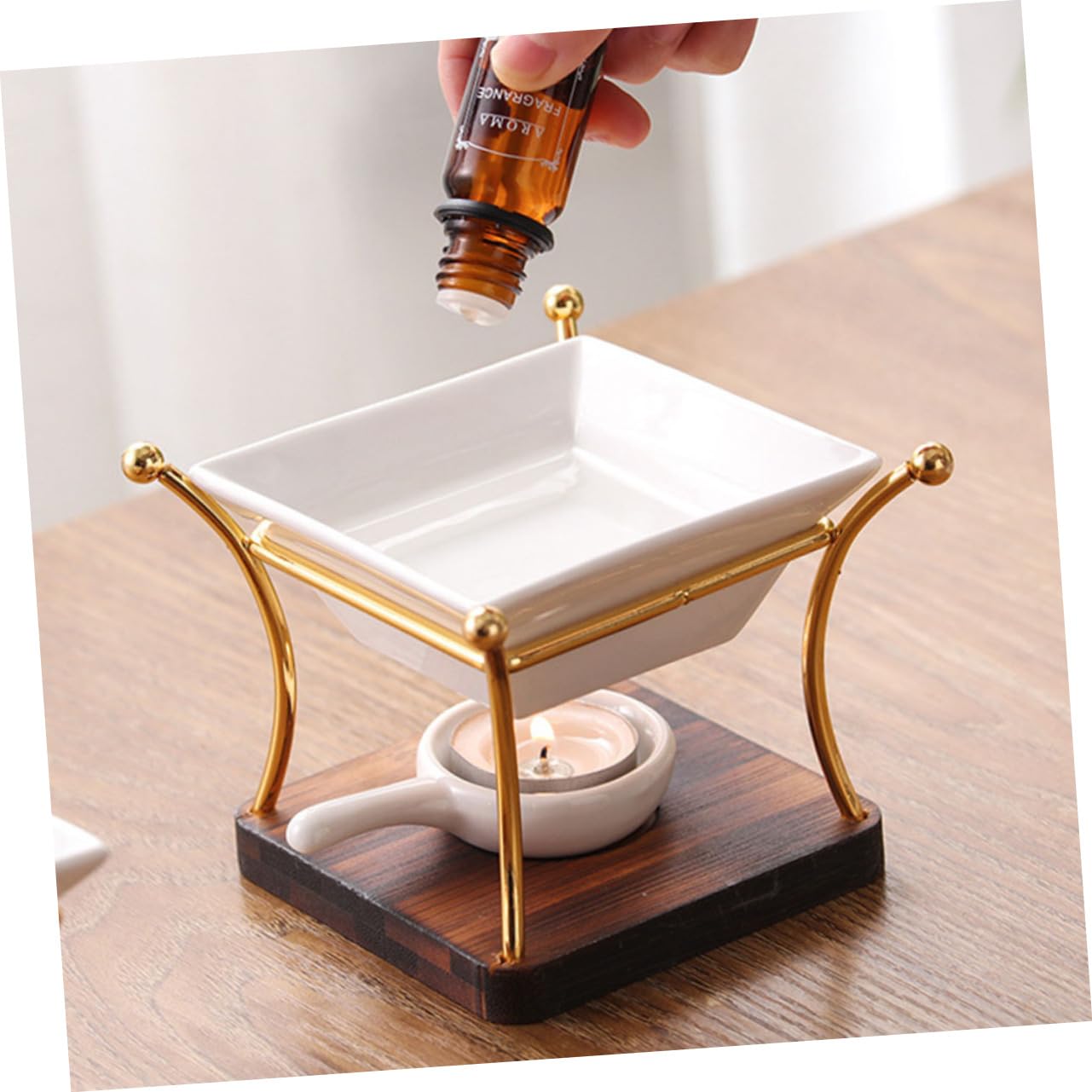 Bruciatore di Olio Essenziale in Ceramica e Legno, con Manico in Ferro, per Soggiorno e Sala Yoga, Moderno