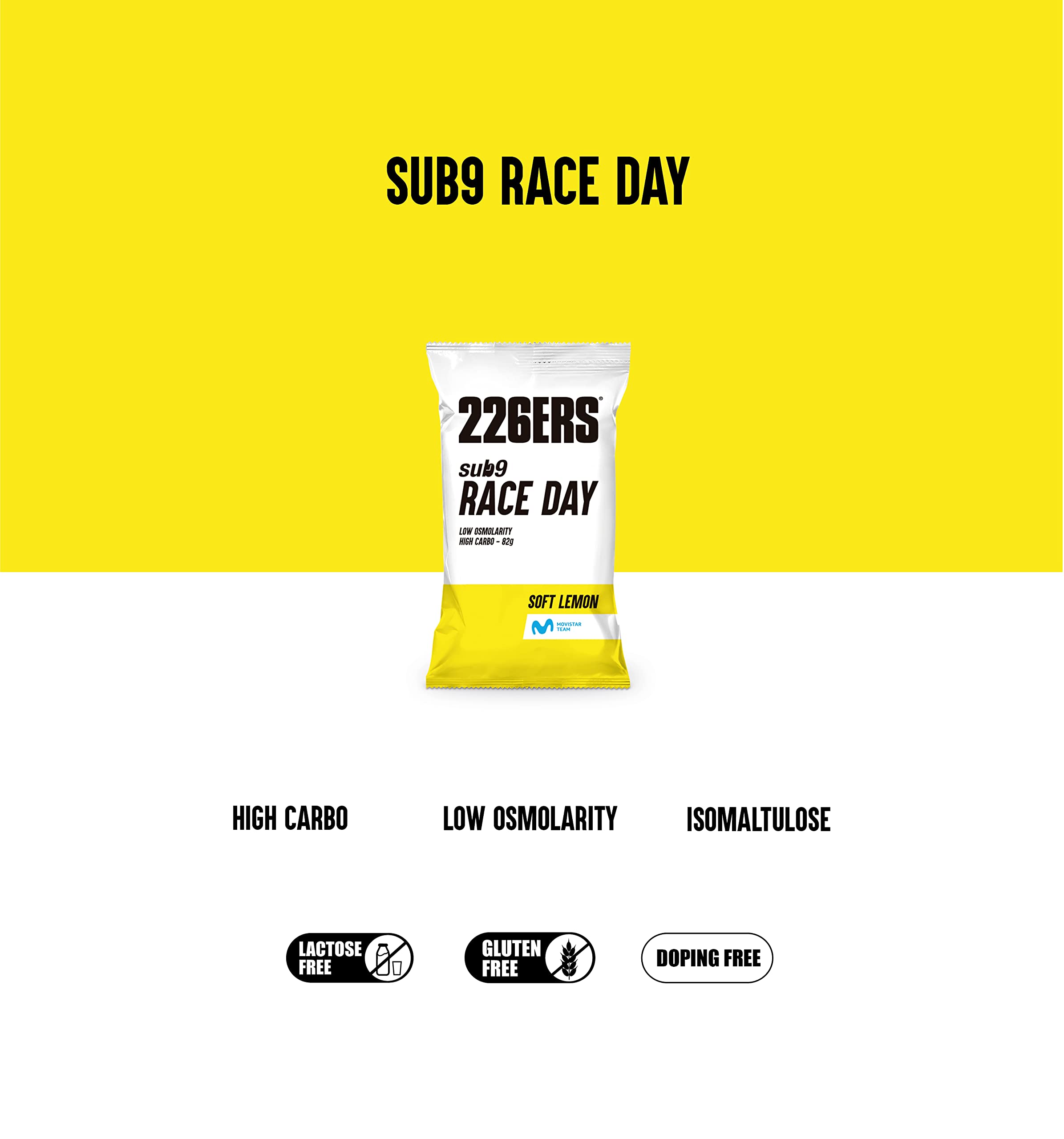 226ERS - Sub9 Race Day, Monodosis, Bebida Energética para Deportistas, en Polvo, Hidratos de Carbono, BCAA, Sodio y L-Carnitina, sin Gluten y sin Lactosa, Libre de Doping, Sabor Limón, 1 sobre