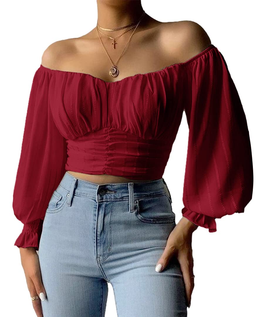 MIRACMODAWomens Elegant Off The Shoulder Puff Sleeve Blouse Summer Chiffon Slim Fit Party Crop Top