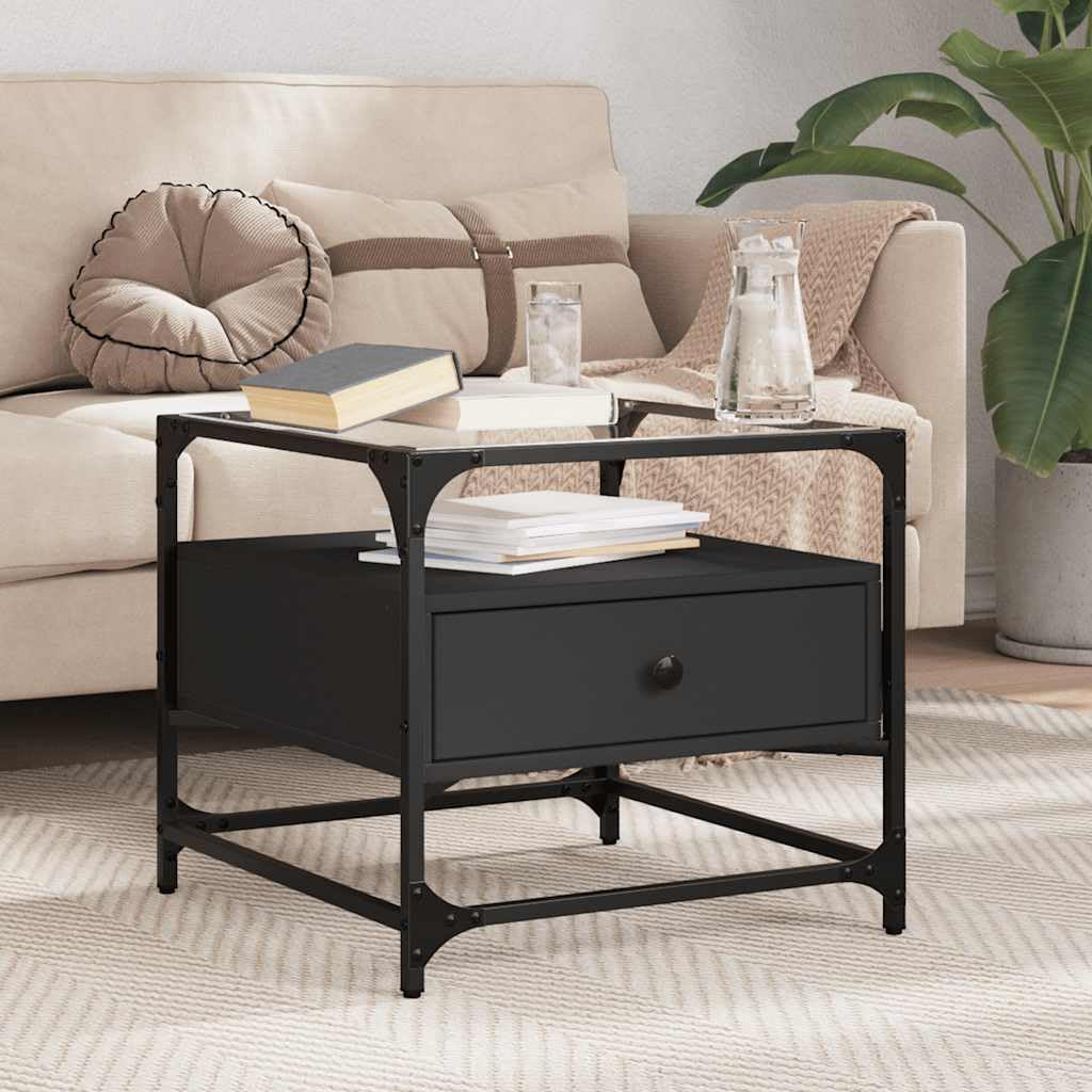 Table basse noire en verre et acier de 50x50x45 cm avec étagère de rangement pour salon