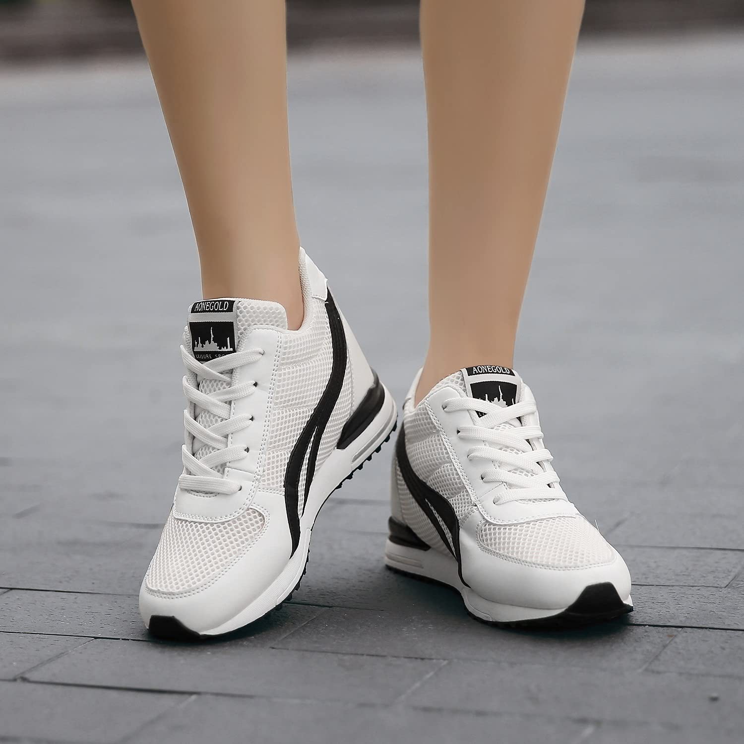 AONEGOLD® Sneakers Zeppa Interna Donna Scarpe da Ginnastica Basse Sportive Fitness Tacco Zeppa 7 CM Nero Bianco Grigio