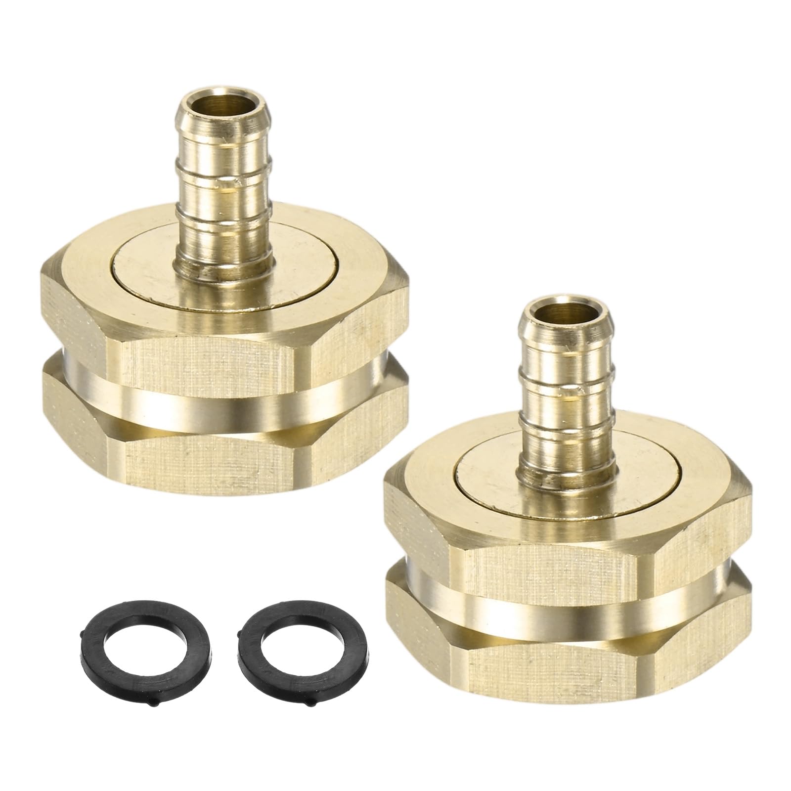 M METERXITY 2-Pack Brass Garden Hose Adapter Swivel Fitting, 3/8" PEX Barb to 3/4" GHT Female Connector Swivel Hex Brass Garden Water Hose Pipe Connector with 2 Rubber Rings for Lawn/Boat