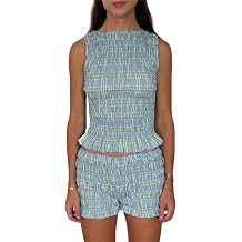 RUEWEY Women Gingham Pajama Set Plaid Sleeveless Smocked Shirred Slim Fit Tank Top Pleated Shorts 2 Piece Lounge Set