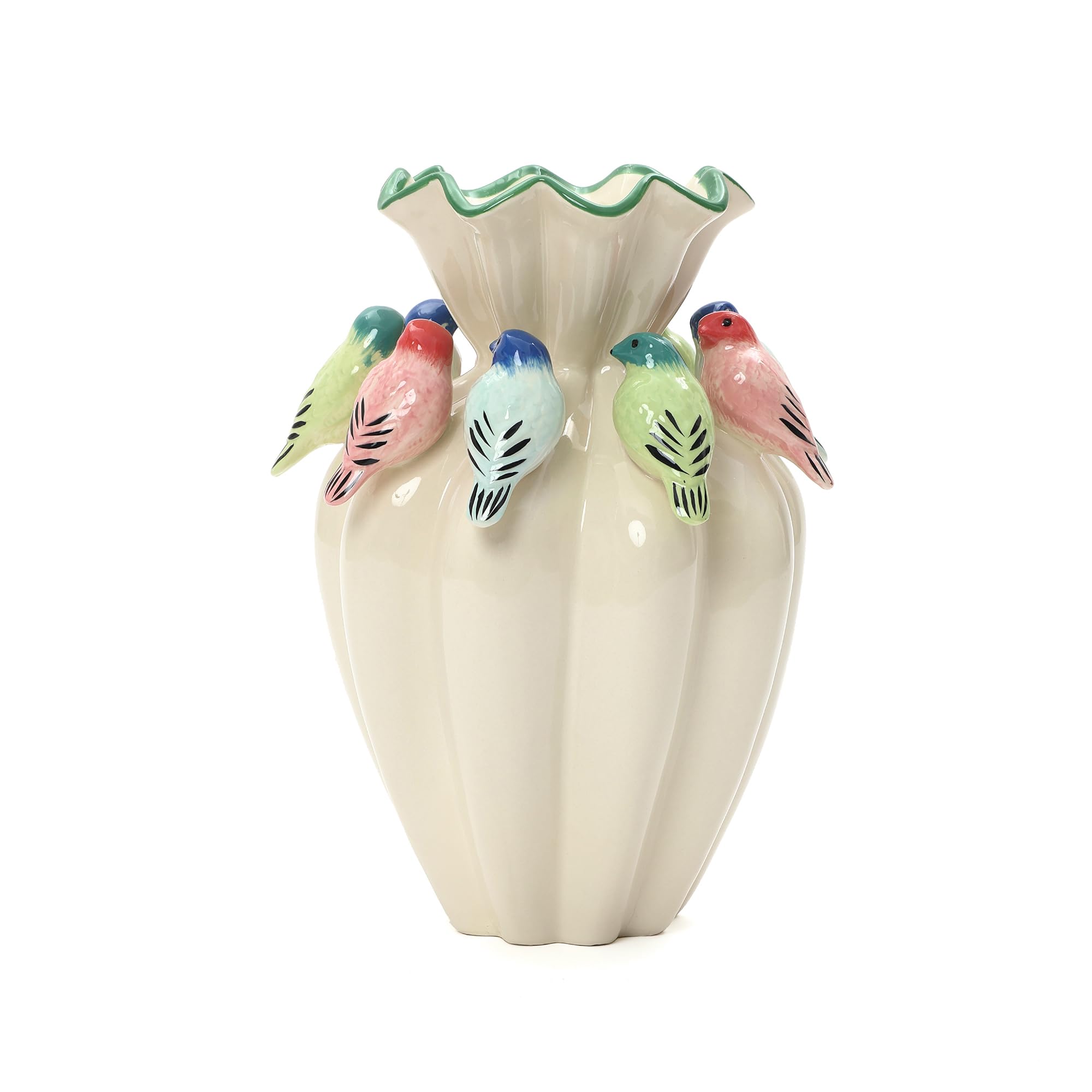 Hometopia Keramikvase Weiß, Moderne Blumenvase groß mit bunten 3D-Vögeln, extravagante Tischvase für Frischblumen, Trockenblumen & Pampasgras, 38,8cm