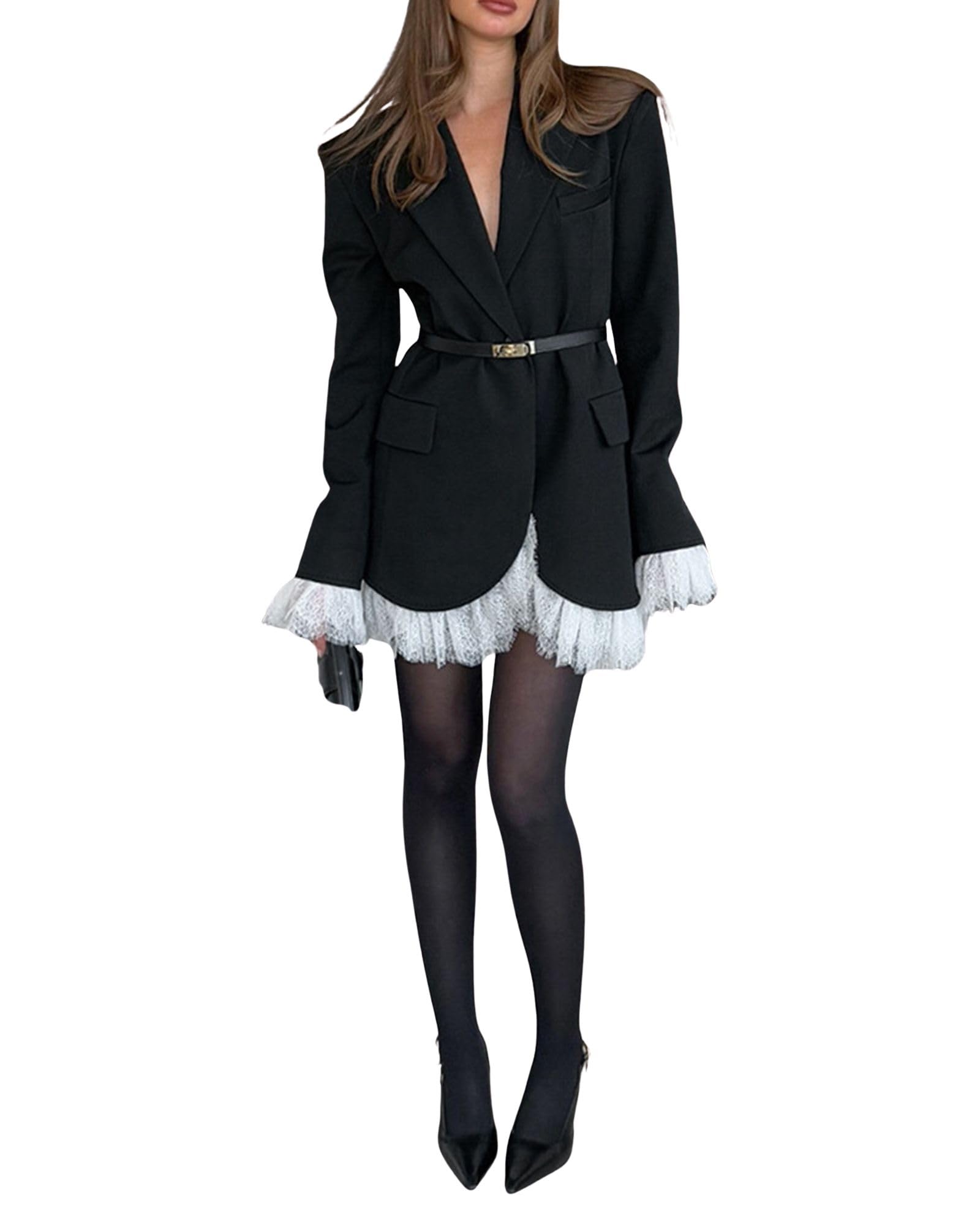 CORIRESHA Womens V Neck Lace Single Button Belted Suit Jacket Stylish and Slim-Fitting Long Sleeved Business Top