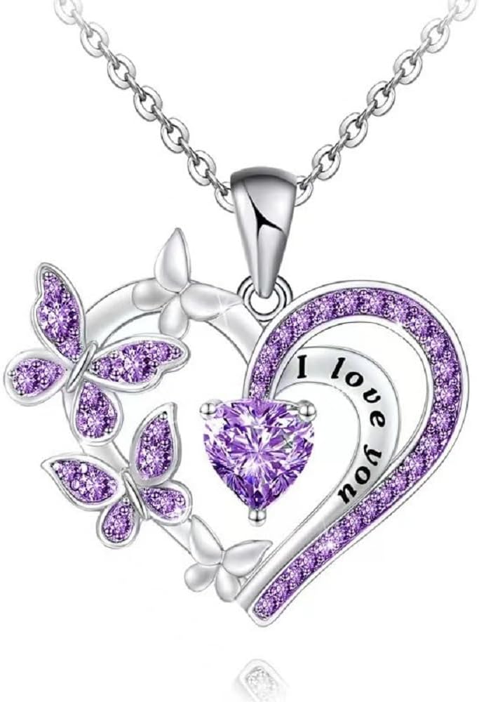 DATOA Sparkling I Love You Chain Heart Shape Pendant Butterfly Necklace Shining Crystal Dainty Jewelry for Women
