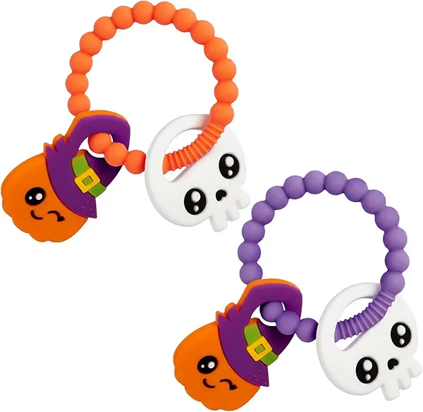 HONGTEYA 2 PCS Halloween Baby Pumpkin Teether, Silicone Baby Teething Toys, Girl or Boy Halloween Gifts BPA Free Chew Toys, Nightmare Before Christmas Gifts