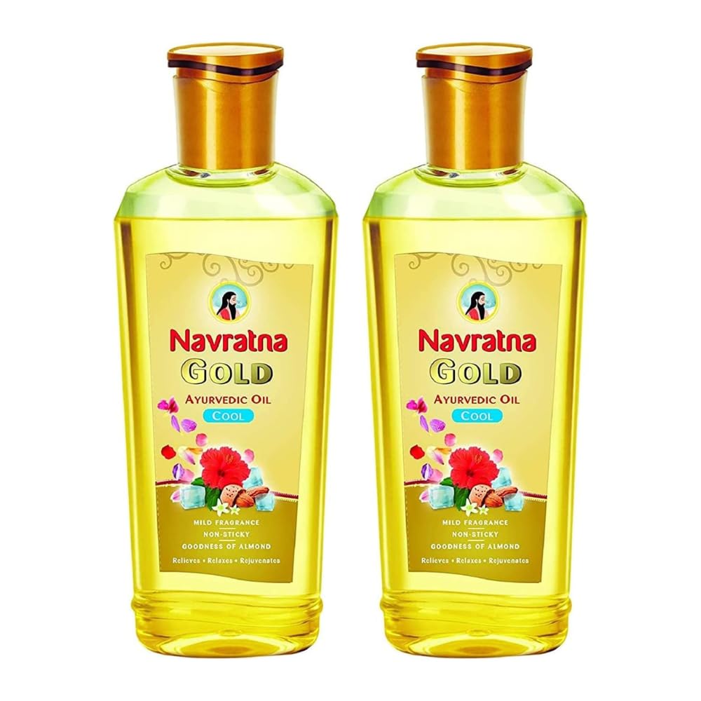 EmamiNavratna Gold Herbal Oil Cool 300 ml - Pack of 2 | 9 Active Ingredients | Cooling Oil | Relieves Headache and Stress | Helps in Sleeping