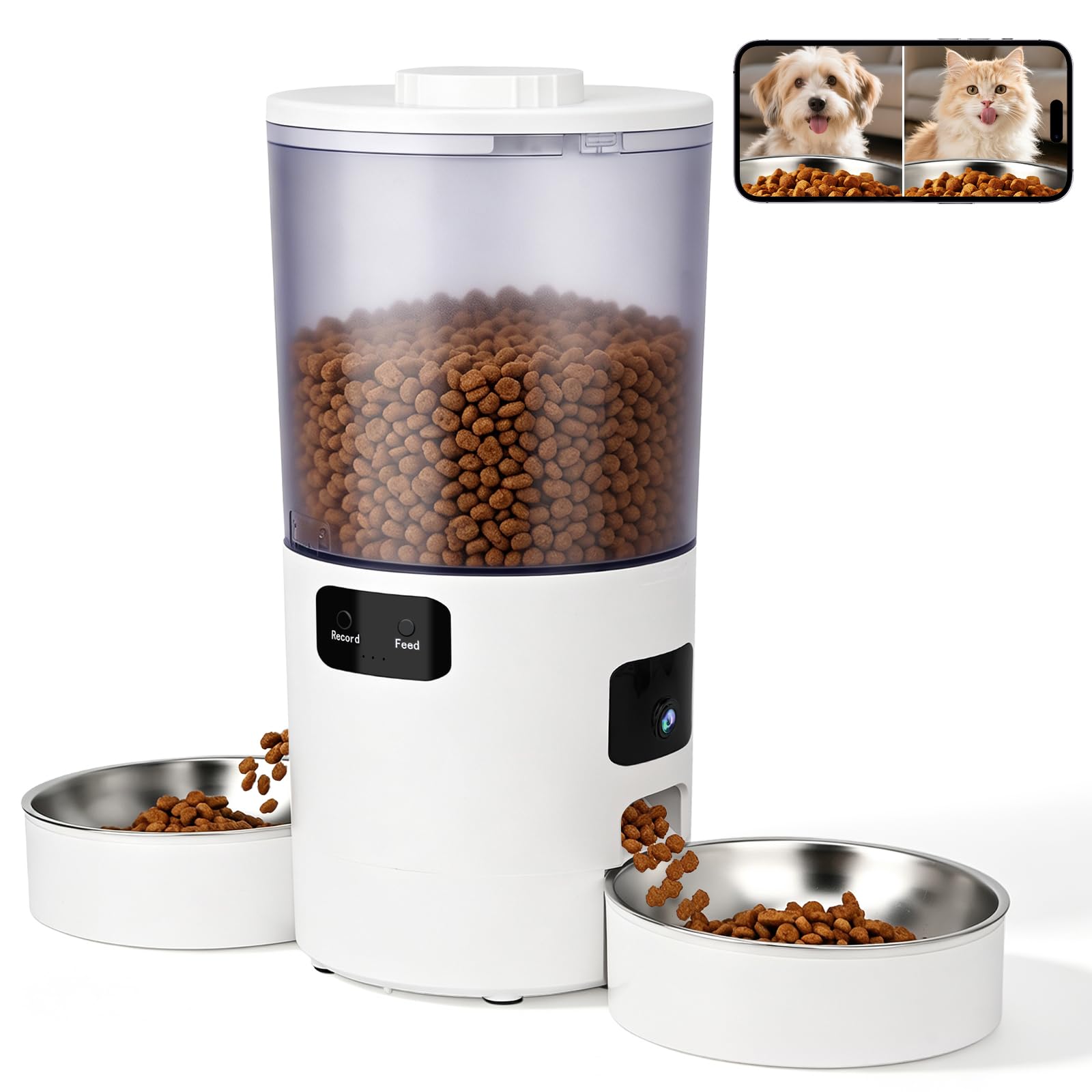 Podazz Comedero automático para gatos con doble cuenco, capacidad de 5 litros, 2 cámaras, WiFi, para 2 gatos o perros pequeños, control de aplicación de 2,4 GHz y 5 GHz, 20 comidas al día, porciones