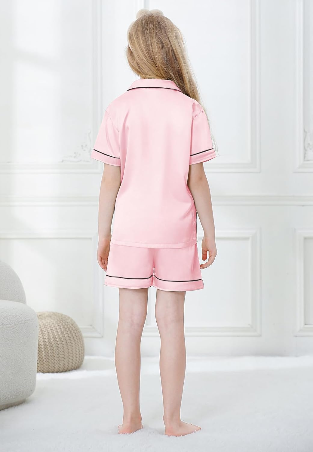 QZH.DUAO Short Sleeve Silky Pajamas Set for Women, 2 Pcs Satin Sleepwear Button Down Nightwear Soft Pjs Set, Pink, Large - Image 5