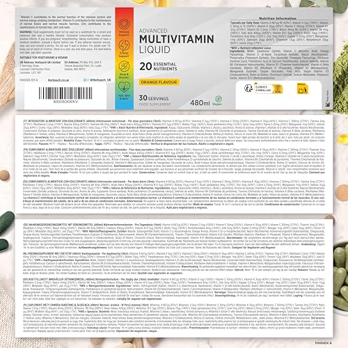 Multivitamin Komplex Tropfen | 480ml | Vegan | 20 essentielle Nährstoffe | Hochdosiert Vitamin | 30 Portionen | Orangengeschmack | Horbaach