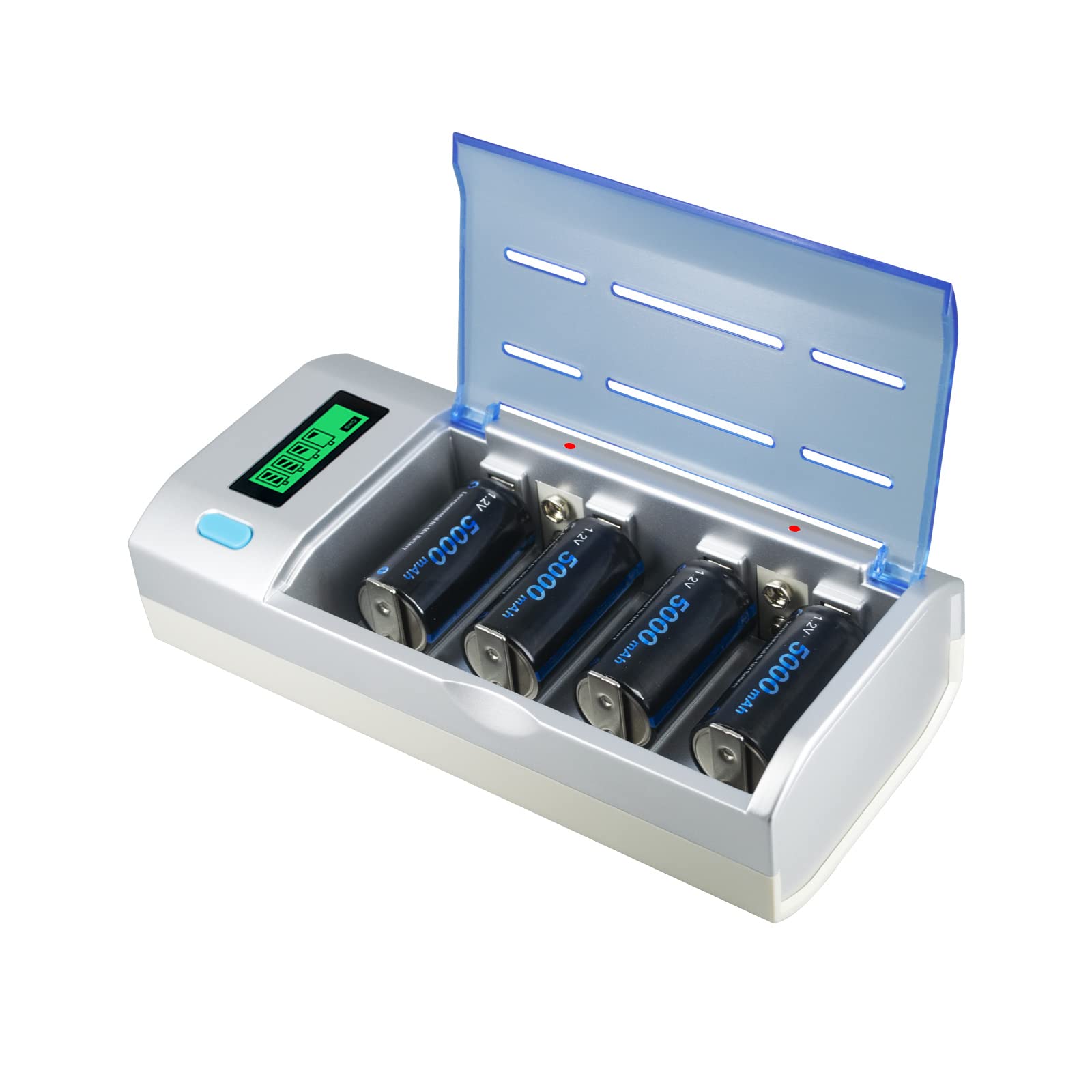 CITYORK Chargeur de Batterie Universel pour écran LCD avec Fonction de décharge pour Batteries AA, AAA, C, D, 9V NI-MH NI avec 4 Batteries NI-MH C Taille 5000mAh