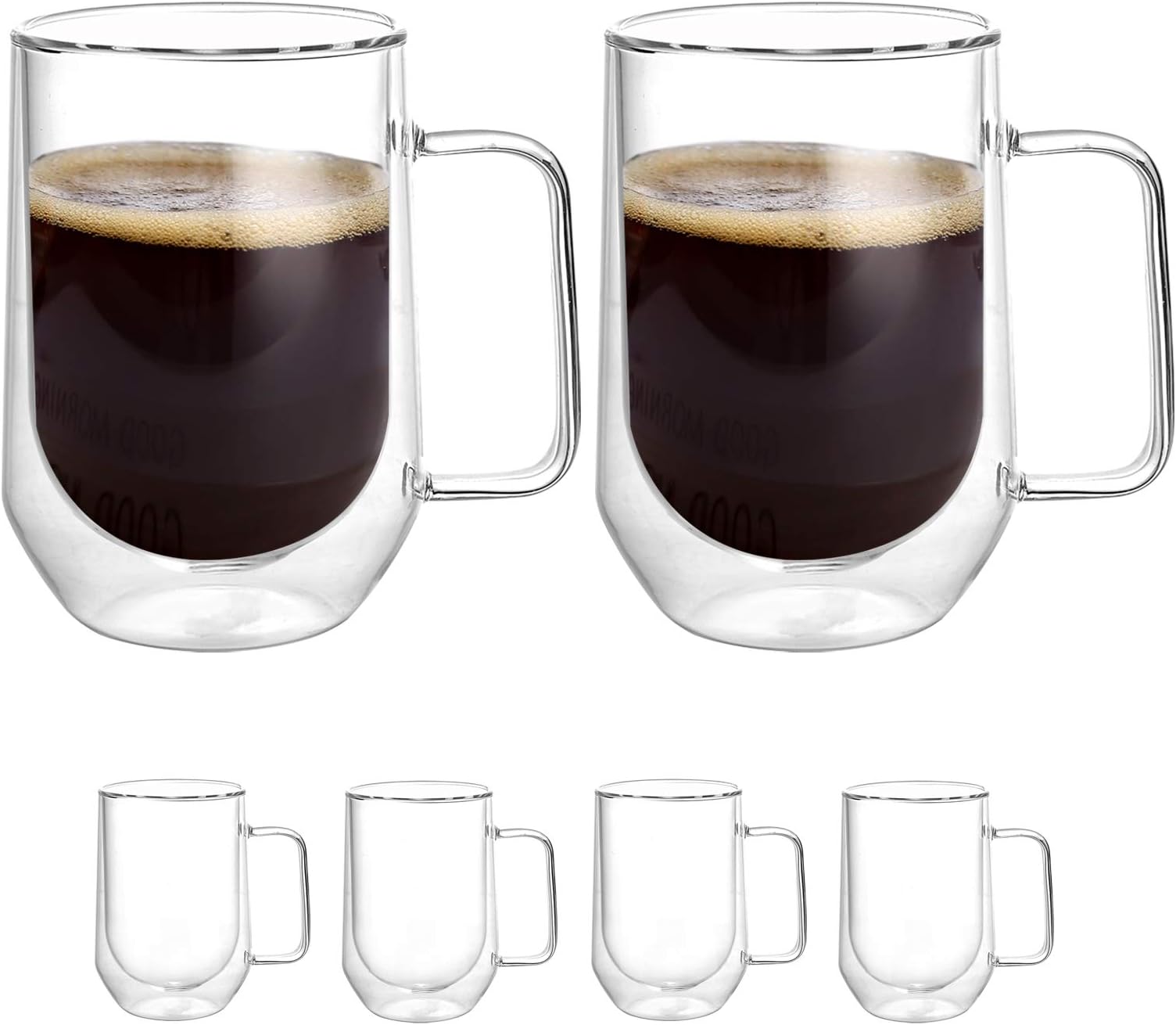 [6-Pack, 12Oz]DESIGN•MASTER - Premium Oval Double Wall Insulated Glass with Handle, Coffee or Tea Glass Mugs, Temperature Isolated Glass, Perfect for Latte, Cappuccino, Americano, Tea and Beverages