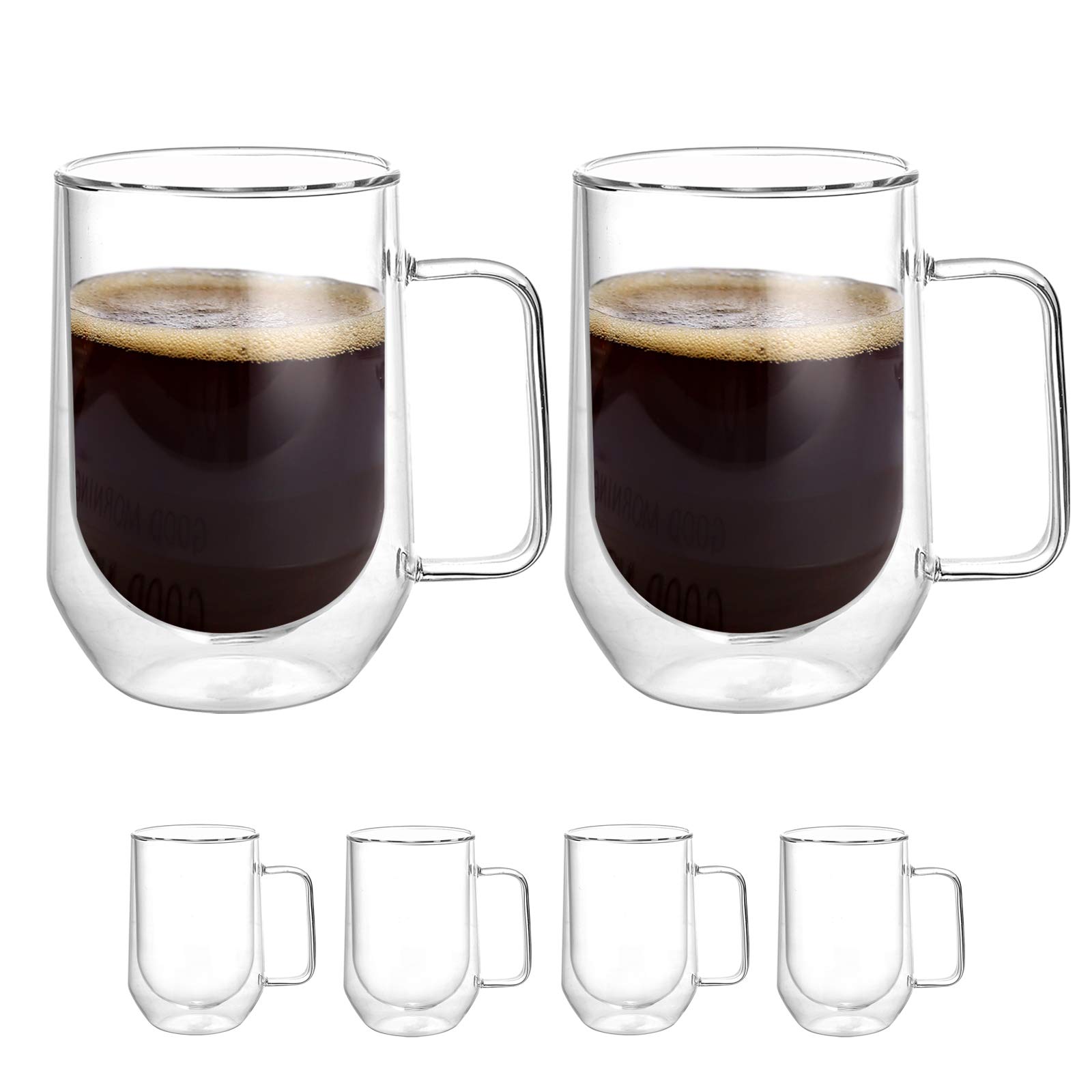 [6-Pack, 12Oz]DESIGN•MASTER - Premium Oval Double Wall Insulated Glass with Handle, Coffee or Tea Glass Mugs, Temperature Isolated Glass, Perfect for Latte, Cappuccino, Americano, Tea and Beverages