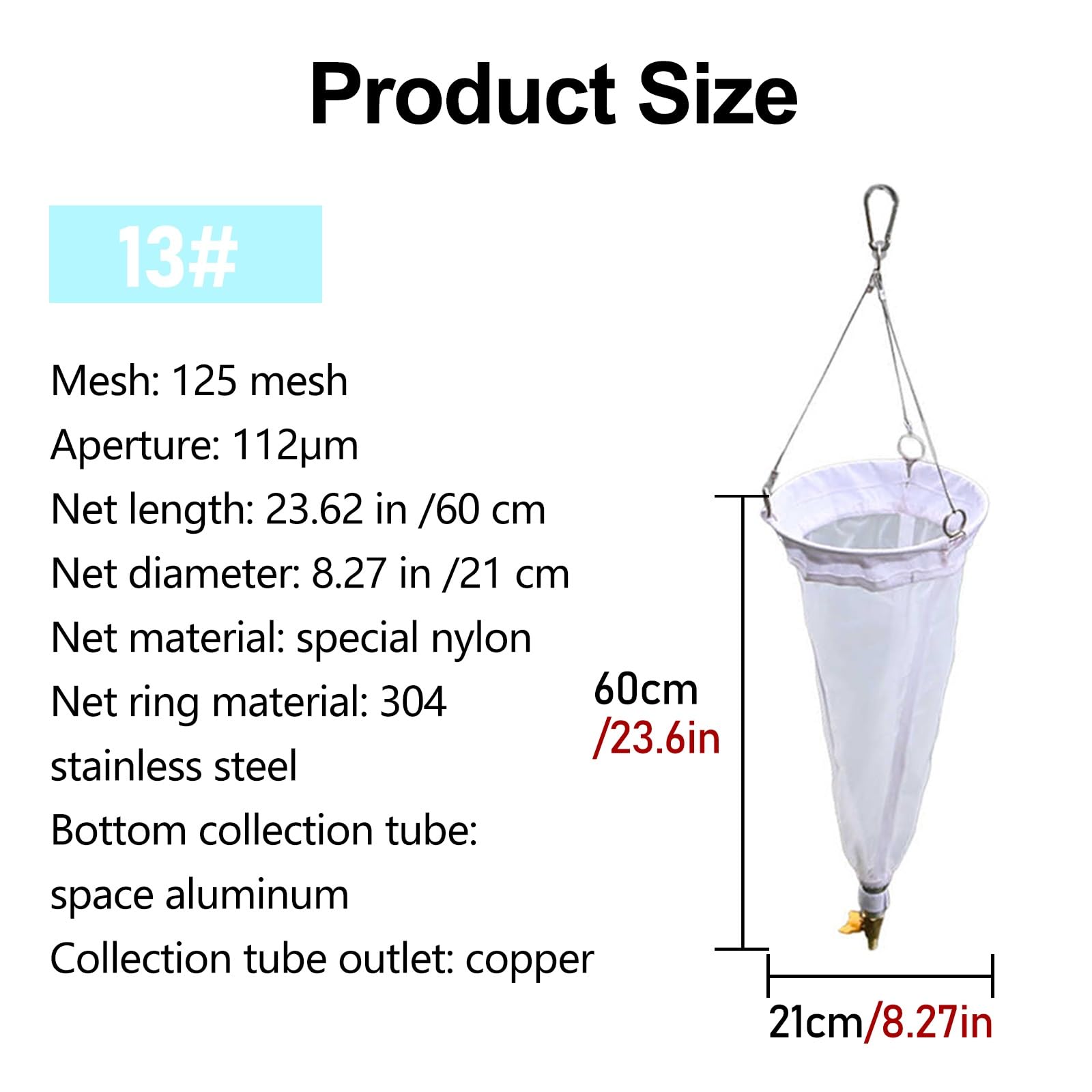 Rete Plankton Rete per plancton da 125/200 maglie, rete da traino per plancton da esterno 13/25#, campionamento di organismi acquatici(125 Mesh)