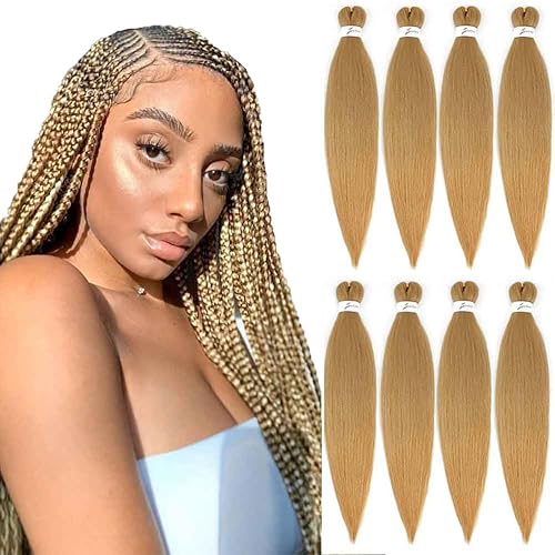SOKU Extensiones de cabello trenzado preestiradas de 24 pulgadas 8 paquetes de trenzas de color rubio miel fresa, trenzas sintéticas profesionales