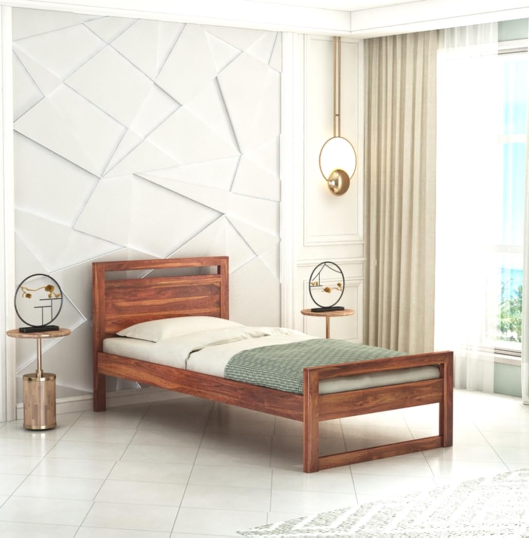 STRATA FURNITURE Sheesham Wood Single Size Bed Without Storage for Bedroom Living Room Home Wooden Headboard Palang Bed (Honey Finish)