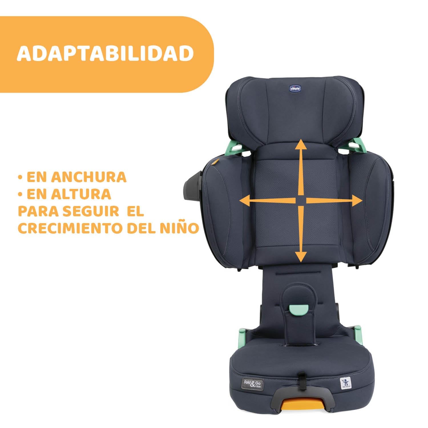 Chicco Fold&Go I-Size Fotelik Dziecięcy 100-150 Cm, Regulowany Fotelik Dla Dzieci W Wieku Ok. 3-12 Lat (Ok. 15-36 Kg), Składany i Przenośny, Z Osłoną Boczną, Regulowana Wysokość i Szerokość, India Ink