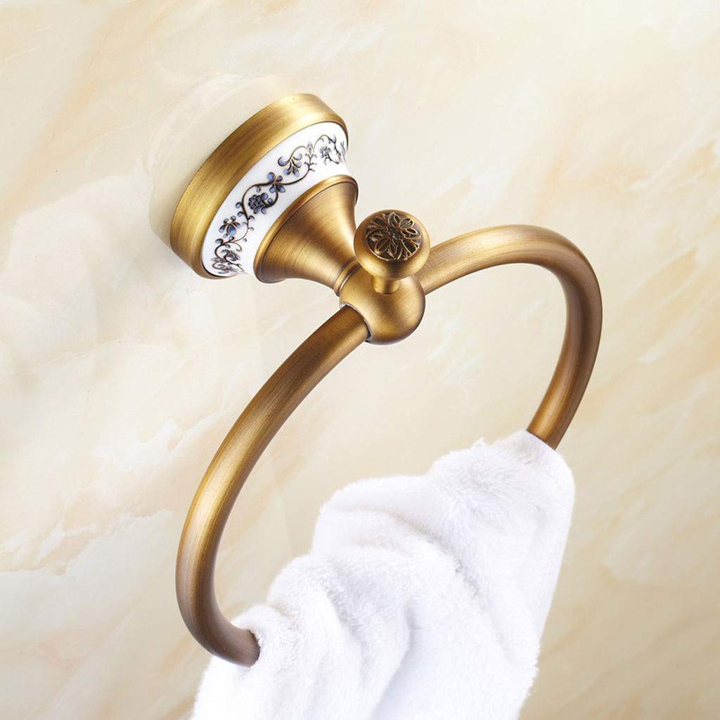 Toallero de anilla, Toalleros de aro, Percha redonda de baño de latón macizo for toallas de mano, estante de baño retro montado en la pared con tallas, 20 * 17 cm