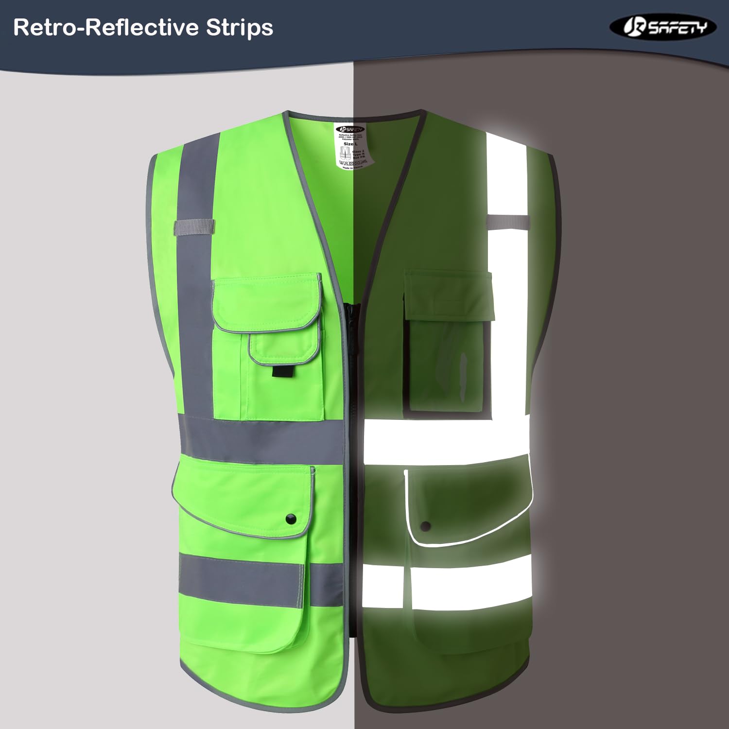 JKSafety Klasse 2 Sicherheitsweste mit 9 Taschen, hohe Sichtbarkeit mit Frontreißverschluss und reflektierenden Streifen, entspricht ANSI/ISEA Standard.
