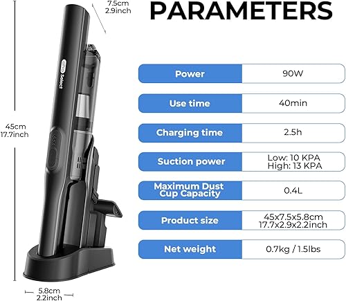 Miniatura 8 de Apical Life Aspiradora de mano inalámbrica, succión fuerte de 13000 Pa, diseño ligero y portátil 3 en 1, recargable con base de carga, ideal para