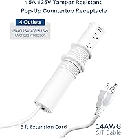 Vista 5 de Toma de corriente emergente de orificio de 2.5 pulgadas para encimera, USB C de 20W, 4 puertos USB, 4 tomas de 15 amperios con receptáculo Blanco