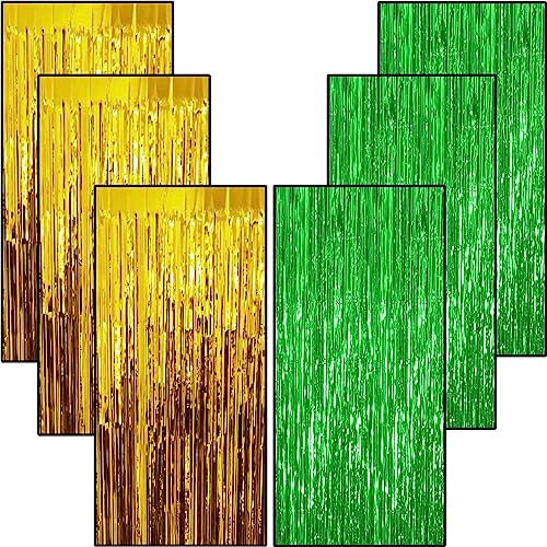 Image of 6 Pieces Foil Fringe Tinsel Party Curtains for Photo Backdrop (Green-Gold)