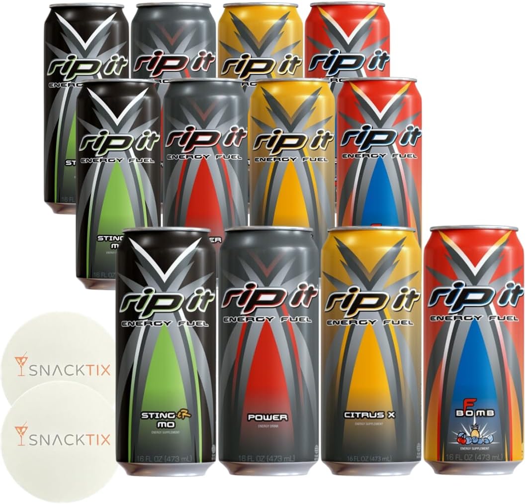 Rip It Energy Drink Variety Pack - 12 Cans of 16 fl oz Each - Assorted Flavors for an Energy Rush - with Snacktix Coaster Included (Power Energy)