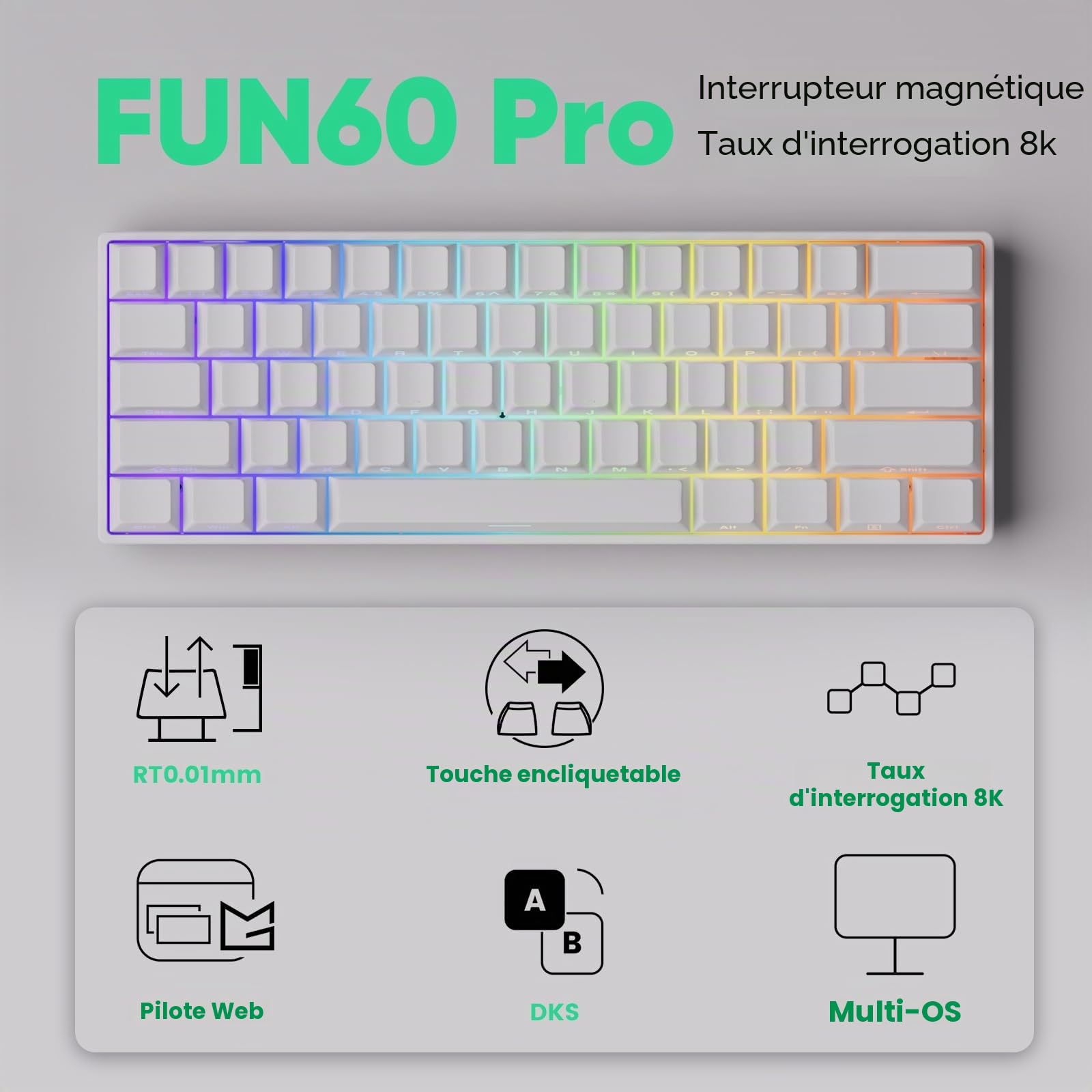 MONSGEEK FUN60 Pro Clavier de jeu à déclenchement rapide 8K SP Interrupteur magnétique HE Clavier filaire 60 % Blanc brillant (interrupteur magnétique réfléchissant)