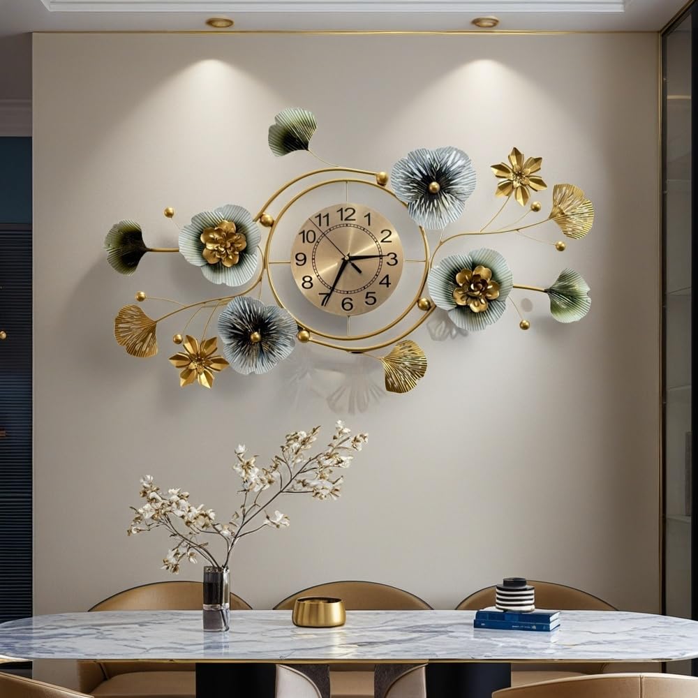 GZDDYUMYJX Large Wall Clock,Clocks for Living Room,Silent Wall Clock,3D Creative Metal Ginkgo Leaf Design, for Bedroom Kitchen Decorative Wall Clocks (Green Gold, 33.9โโx20.9โโ/86x53cm)