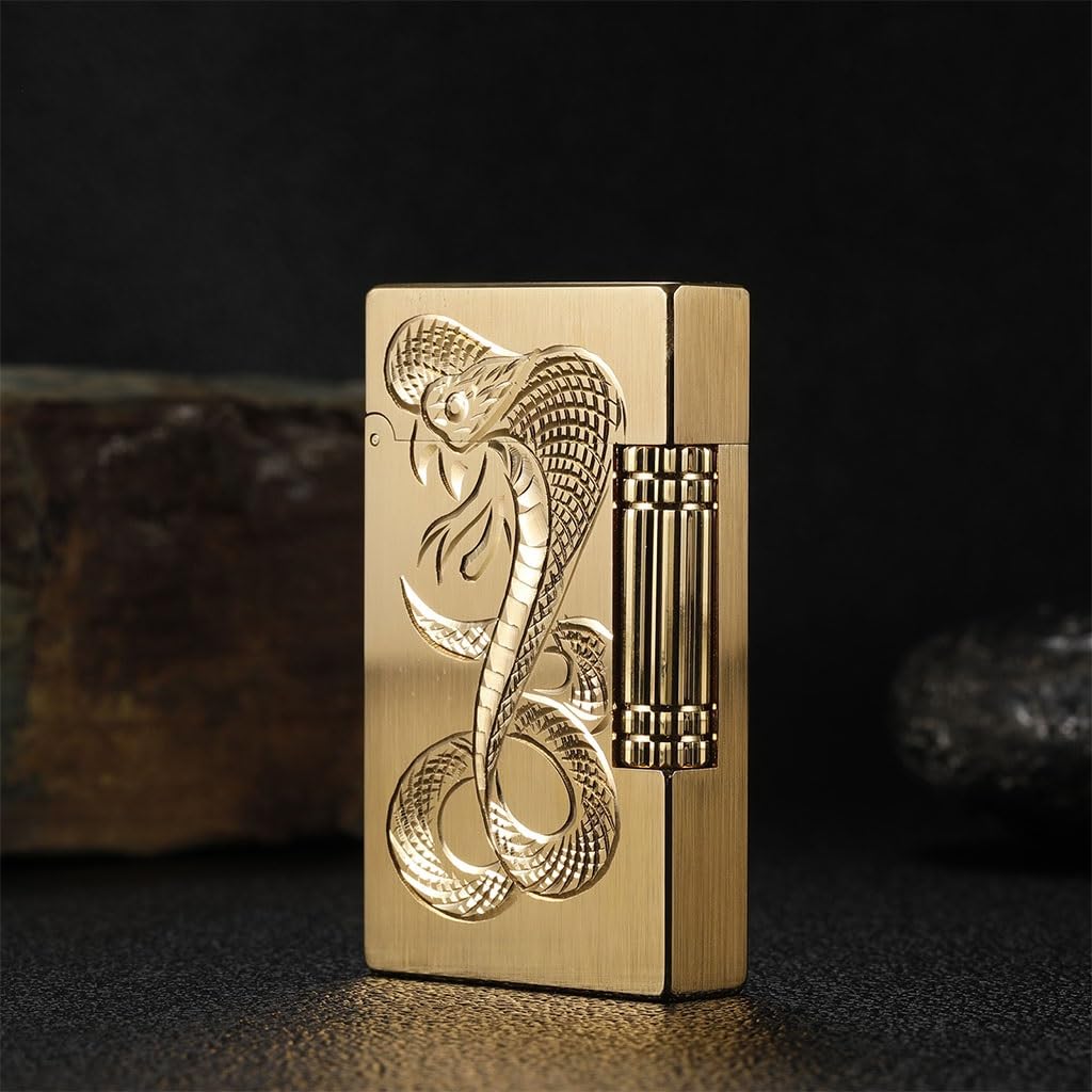 Classic Retro Pure Copper Gas Lighter Hand-Carved Cobra Pattern Side Sliding Flip Ignition Crisp Piano Sound Exquisite and