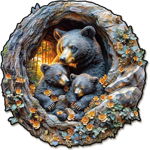 Wooden Puzzle for Adults-262PCS 3D Visual Effect Hugging Bear And Cub Unique Shape Advanced Wooden Jigsaw Puzzle for Adult, Challenge Wood Jigsaw Puzzles,Best Gift,Home Decoration