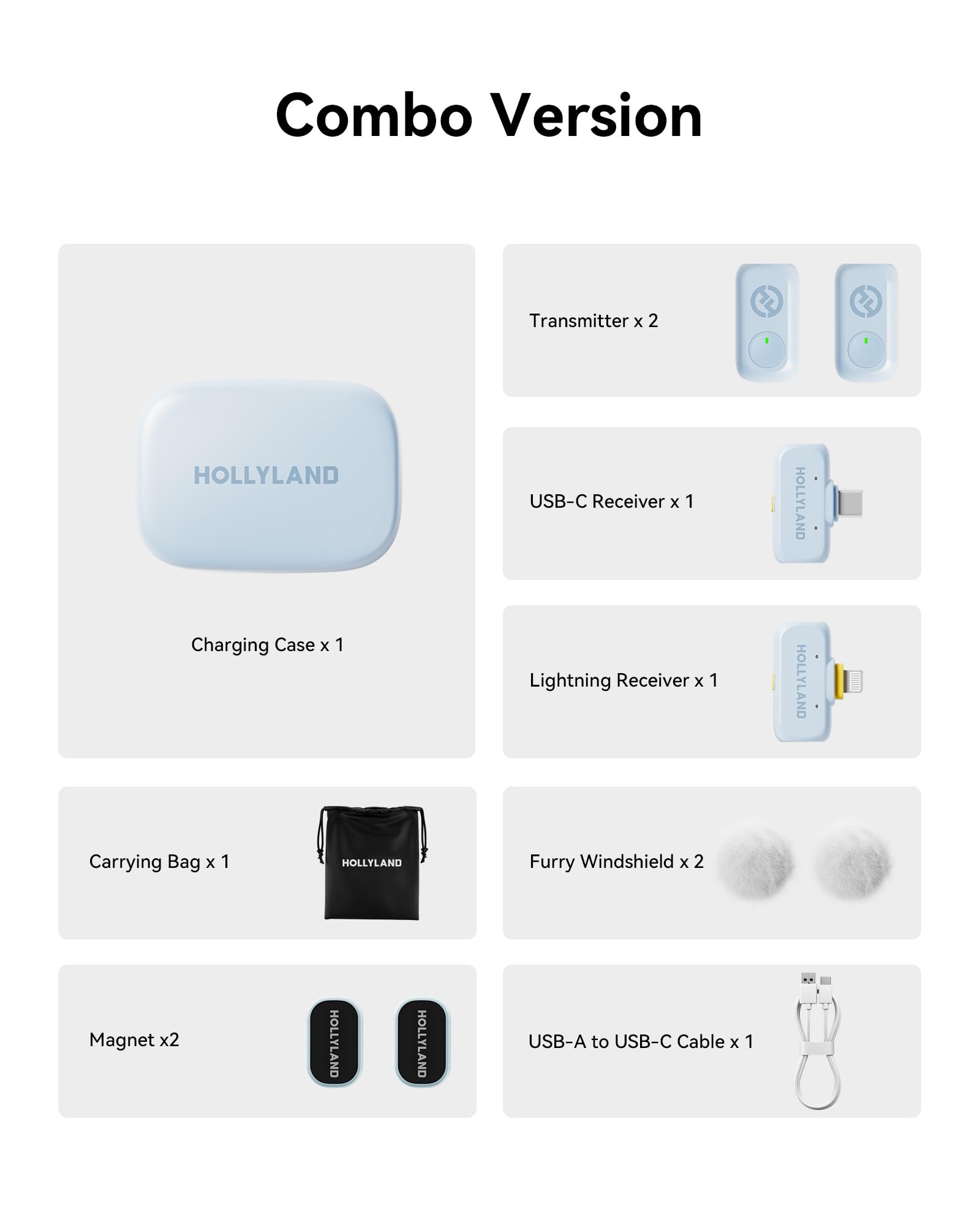 Hollyland Lark A1 Combo - Microfono wireless con USB-C RX + Lightning RX + custodia di ricarica, colore: azzurro cielo