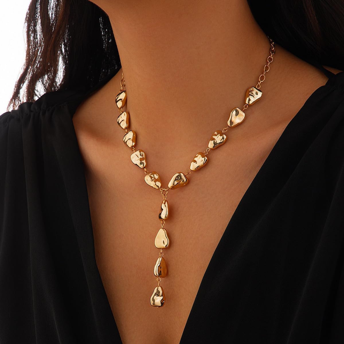 Chunky Irregular Nugget Pebble Y Lariat Drop Pendant Necklace For Women Statement Modern Minimalist Adjustable Link Chain Gold Color Bold Fashion - Image 3