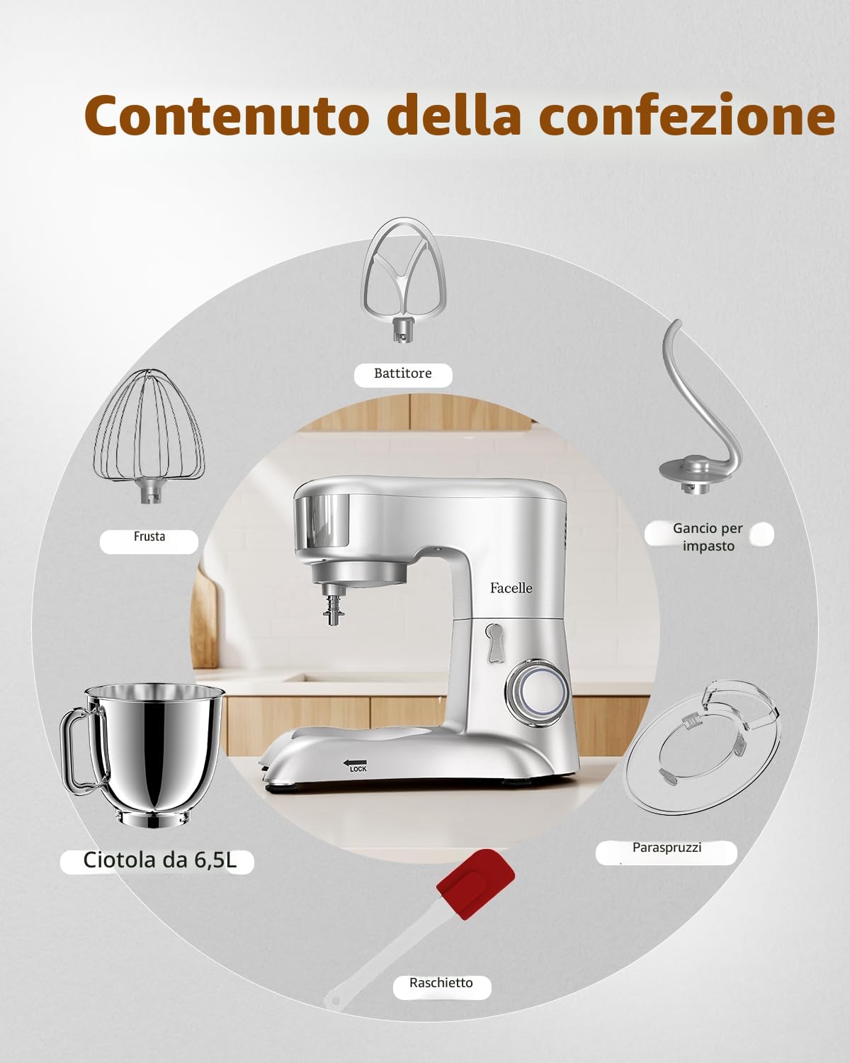 Facelle Impastatrice Planetaria, 1300W, 6,5 Litri Ciotola in Acciaio Inox, 10 Velocità, Pulse, Robot Da Cucina Multifunzione, Pane, Pizza e Dolci