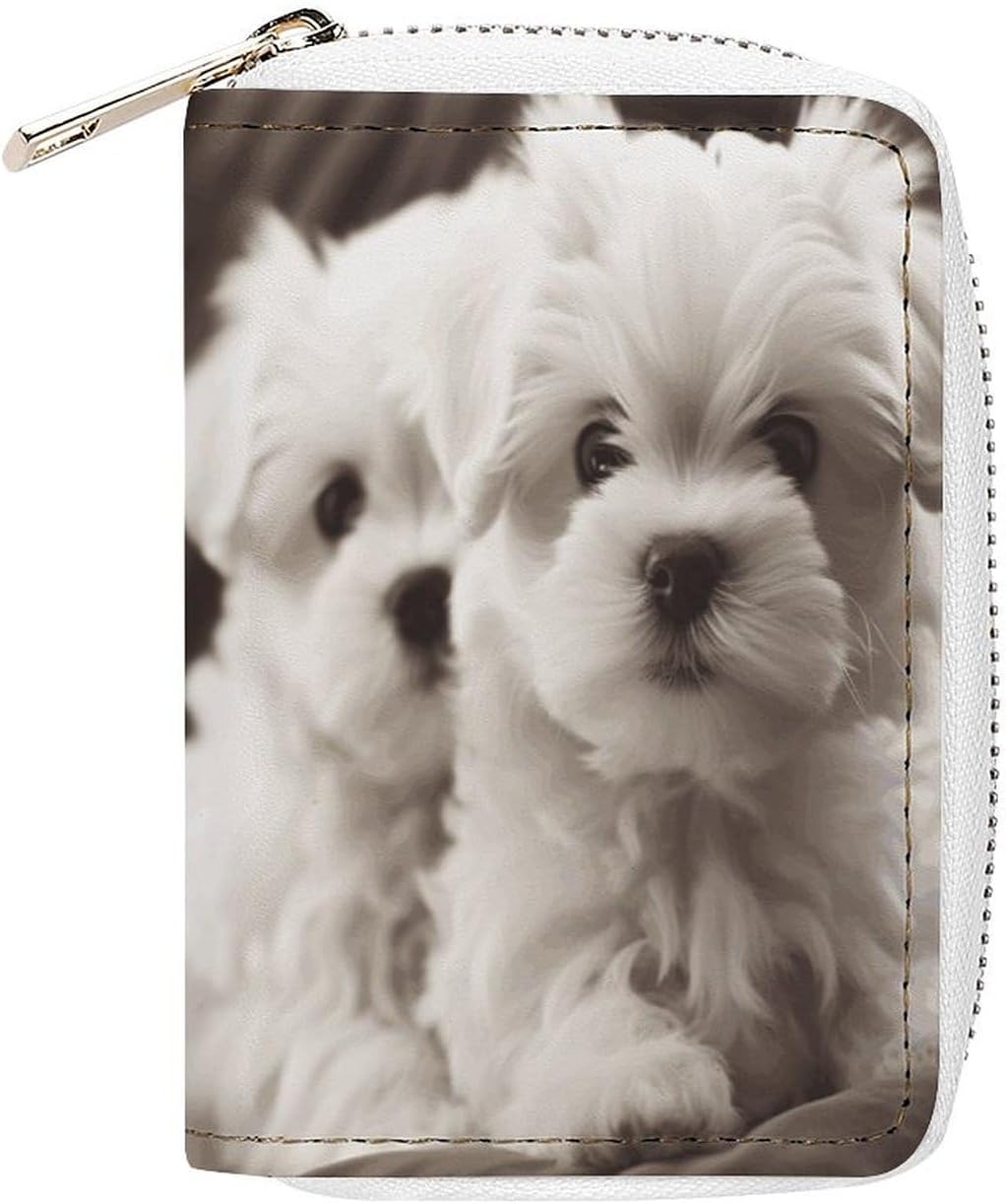 Leather Card Organizer Case Card Wallet Credit Card Holder Cute Maltese Puppy Printed Zipper Card Cases Holder for Women Men