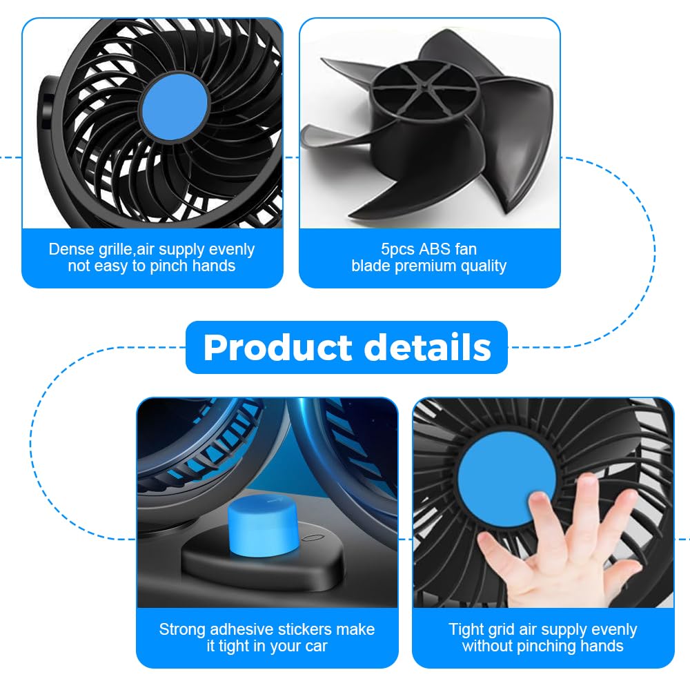 Ventilateur De Voiture, Double Tête USB Ventilateu Portable 360 Degrés Rotatif, Double Tête Ventilateur Avec 2 Niveaux De Vitesse Changer, Ventilateur Voiture Pour Camping-Car, SUV