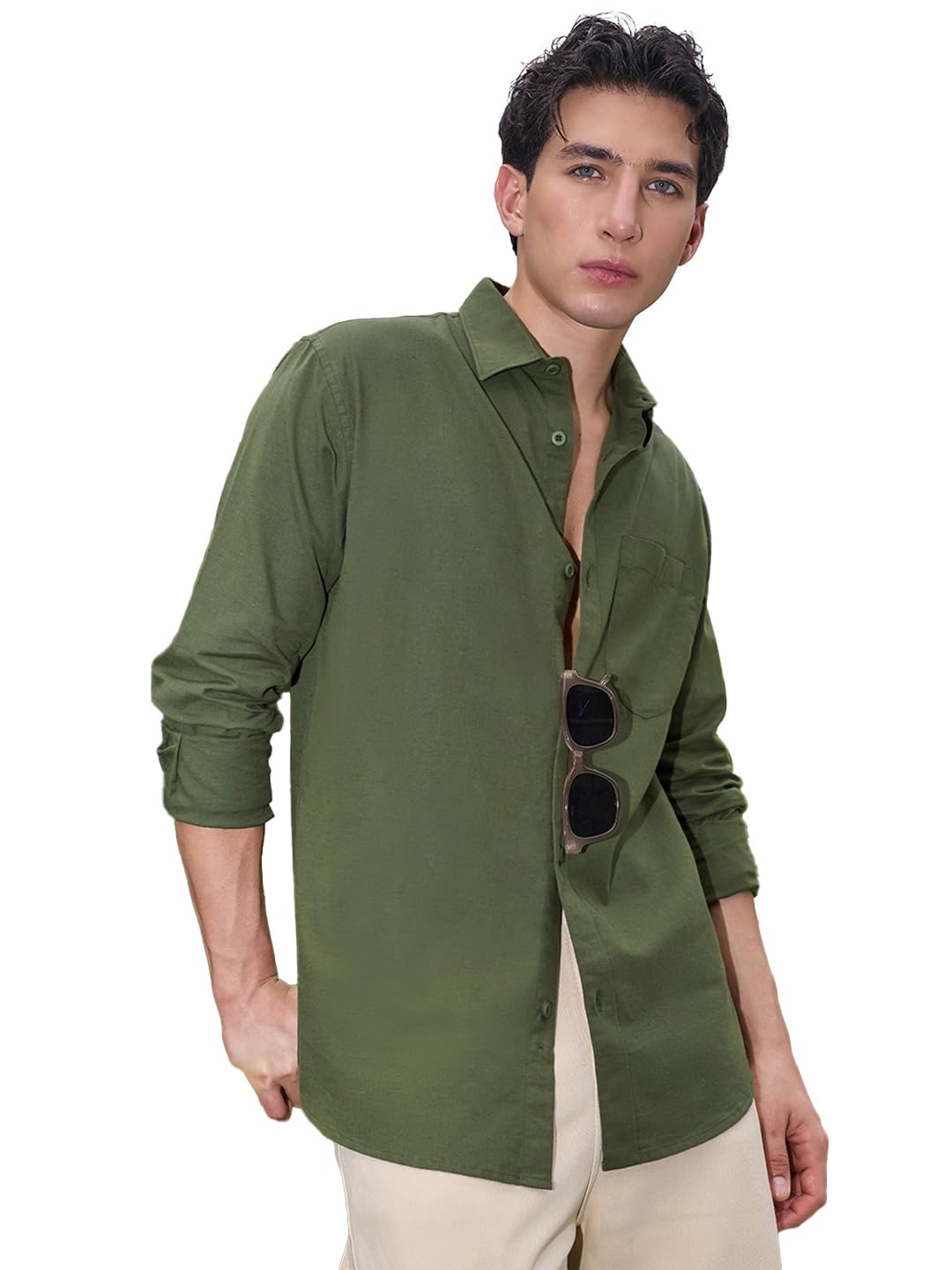 Bewakoof Men's Solid Regular Fit Full Sleeve Collared Neck Cotton Linen Blend Shirt_677622_Green_S