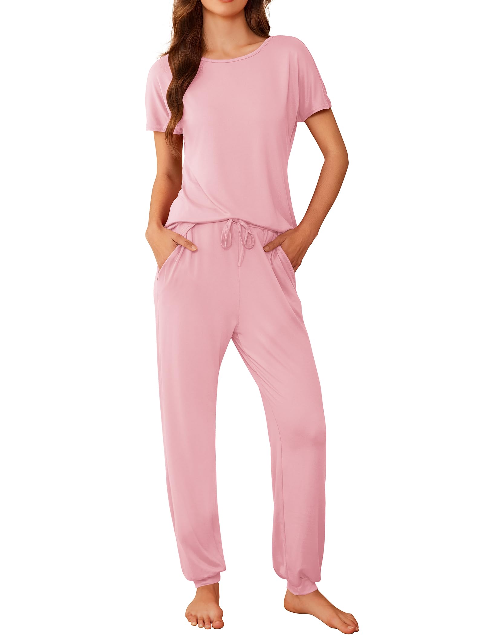 Ekouaer Schlafanzug Damen Kurzarm Süß Print Pyjama Set Sommer Sleepwear Zweiteiliger Nachtwäsche mit Taschen