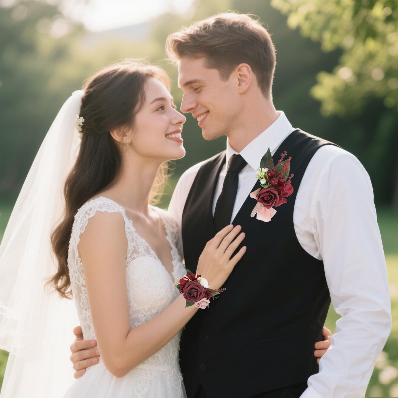 2Pcs Wedding Corsage and Boutonniere Set Burgundy Rose Corsage Wristlet and Boutonniere for Men Women Groom Bride Bridesmaid Groomsmen Wedding Party Accessory Prom Decoration (Burgundy)