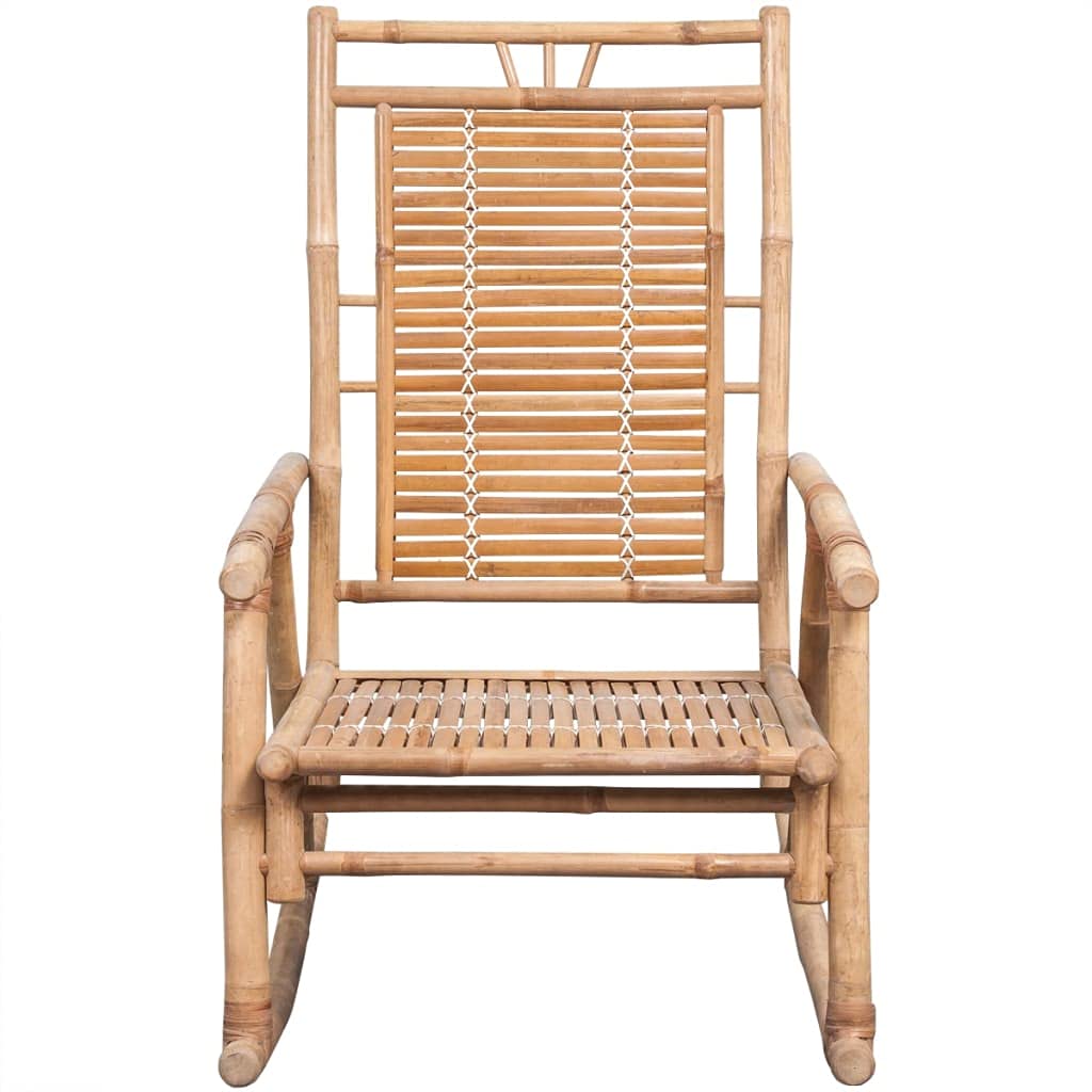 Sedia a Dondolo in Bambù con Cuscino Blu per Giardino e Interno | Poltrona relax oscillante in legno di bambù con morbido cuscino imbottito, ideale per giardino, balcone e soggiorno.