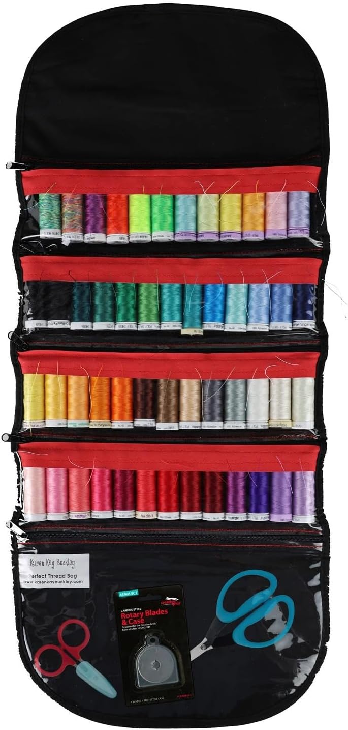 Karen Kay Buckley® Perfect Thread Bag, Multi-Color Sturdy Case, Fits 48 Small Thread Spools, 4 Zippered Pockets with Ultra Suede Keep Thread Ends Handy, Quilting, Sewing, Patchwork, Appliqué, Crafts