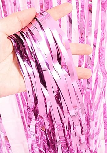 Miniatura 4 de 2 cortinas de flecos de papel de oropel metálico rosa brillante de 3.2 x 8.2 pies, telón de fondo rosa para cabina de fotos, telón de fondo rosa